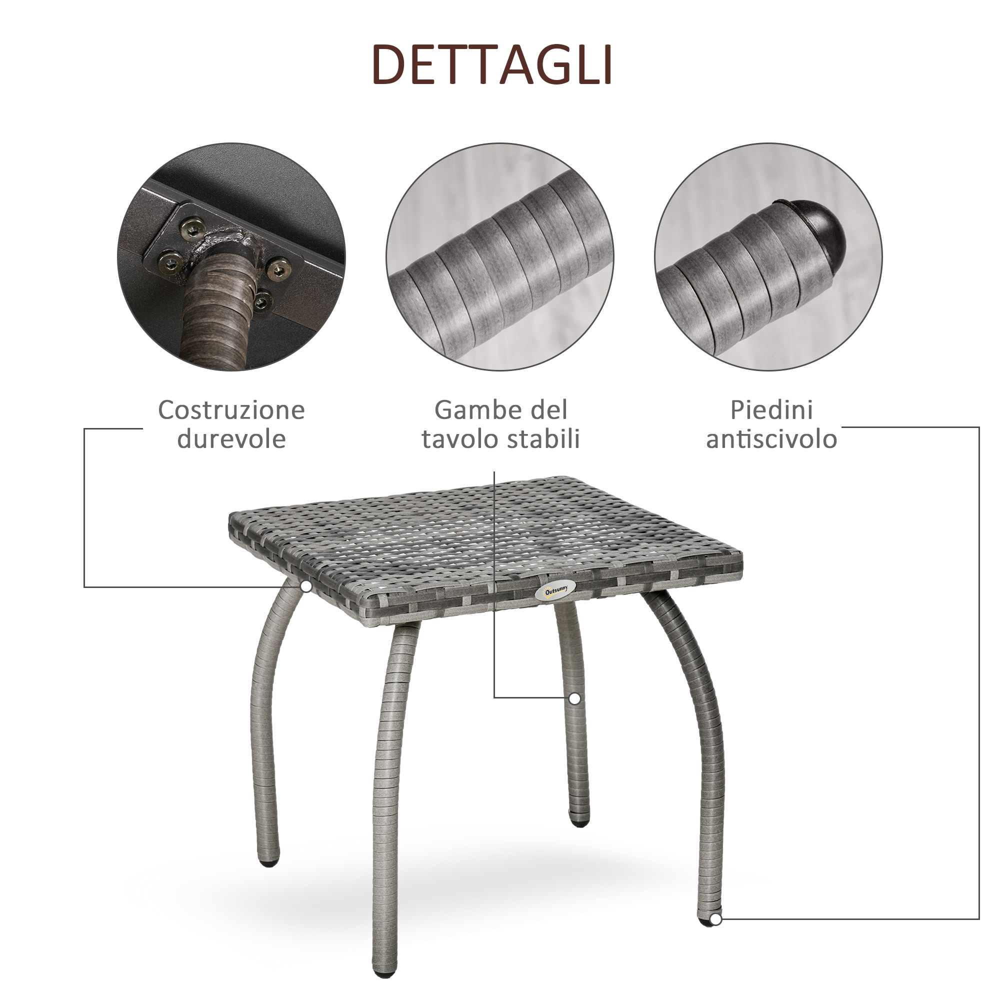Tavolino in rattan grigio con gambe curve, con dettagli sulla costruzione resistente.