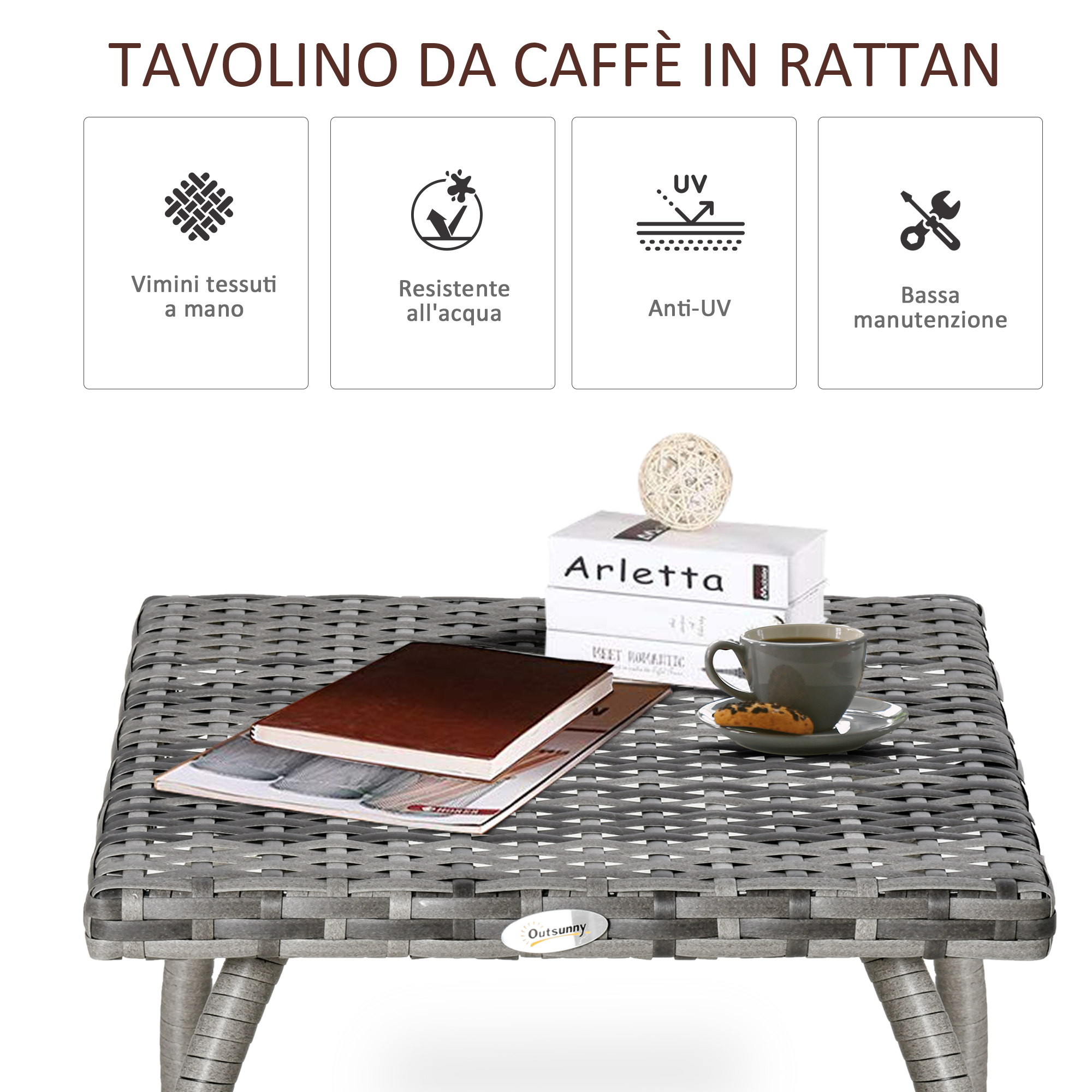 Tavolino da caffè in rattan grigio con libri, tazza da caffè e biscotto.