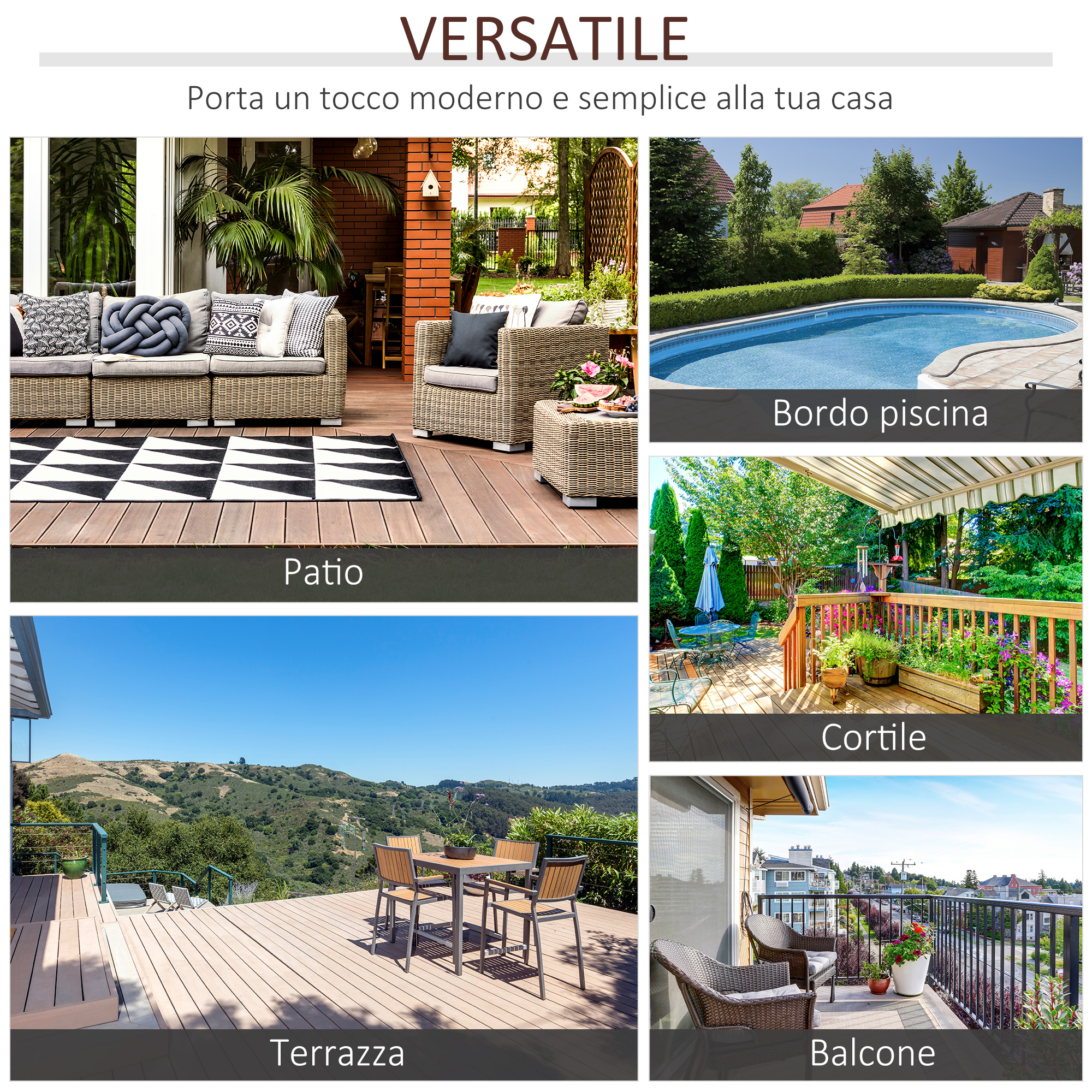 Moderni spazi esterni: patio, piscina, cortile e balcone.