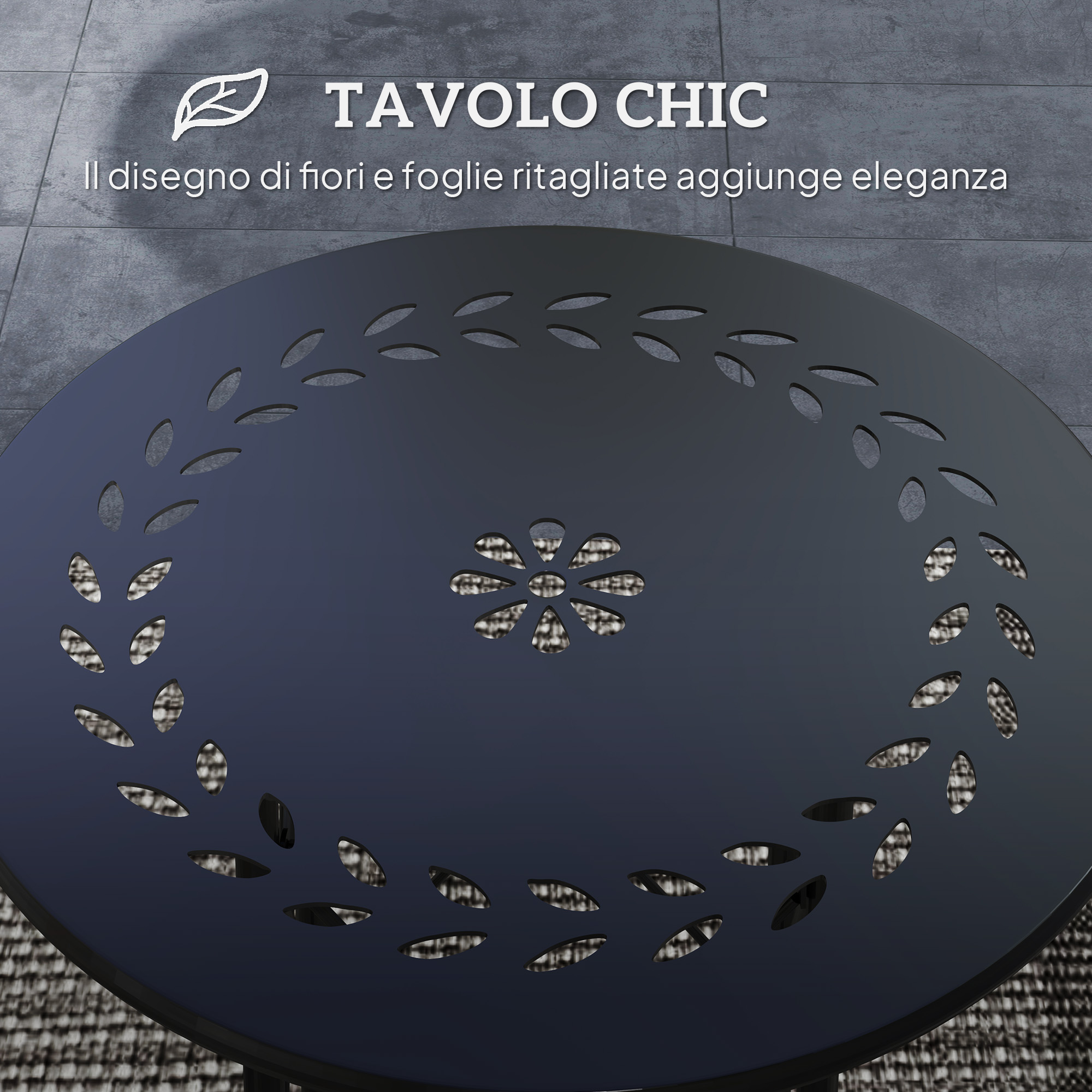 Tavolo scuro con fiori e foglie intagliate su pavimento grigio.