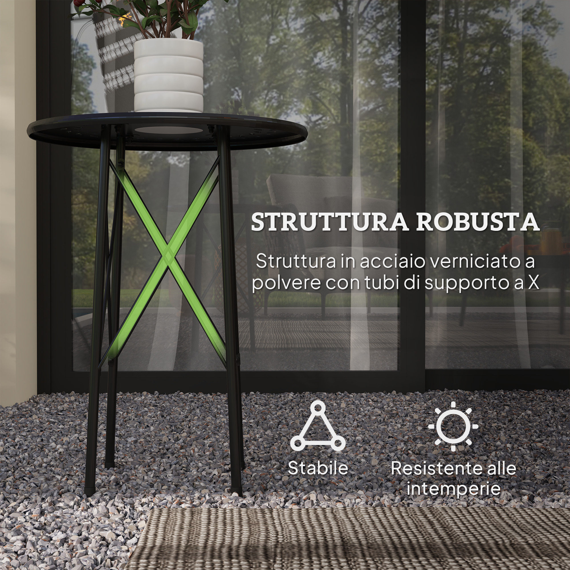 Tavolo da giardino nero con vaso bianco di piante, struttura a X stabile.