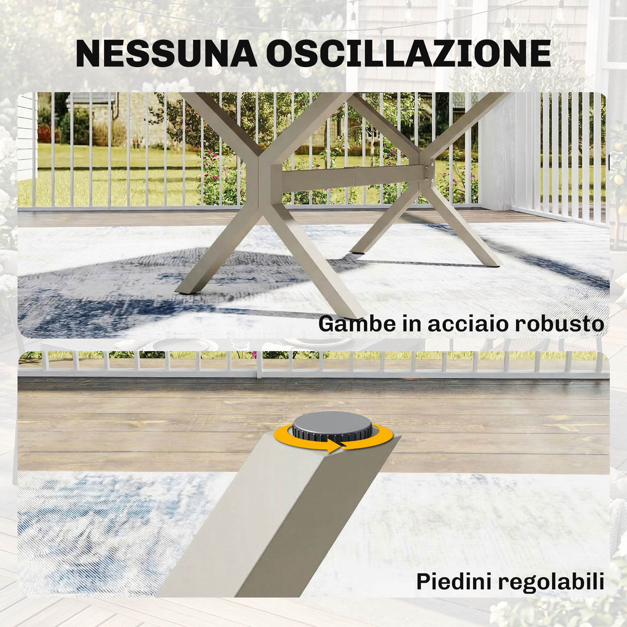Gambe in acciaio e piedini regolabili di un tavolo su un patio.