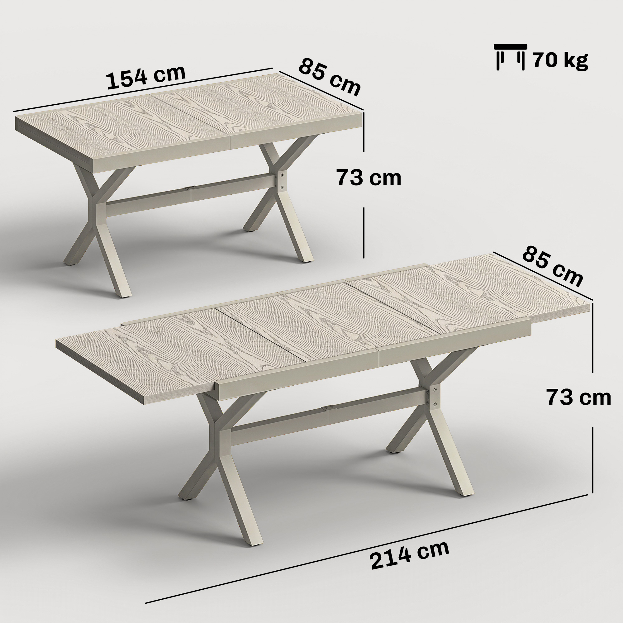 Un tavolo allungabile effetto legno chiaro con gambe in metallo. Dimensioni: 154-214x85x73cm, peso 70kg.