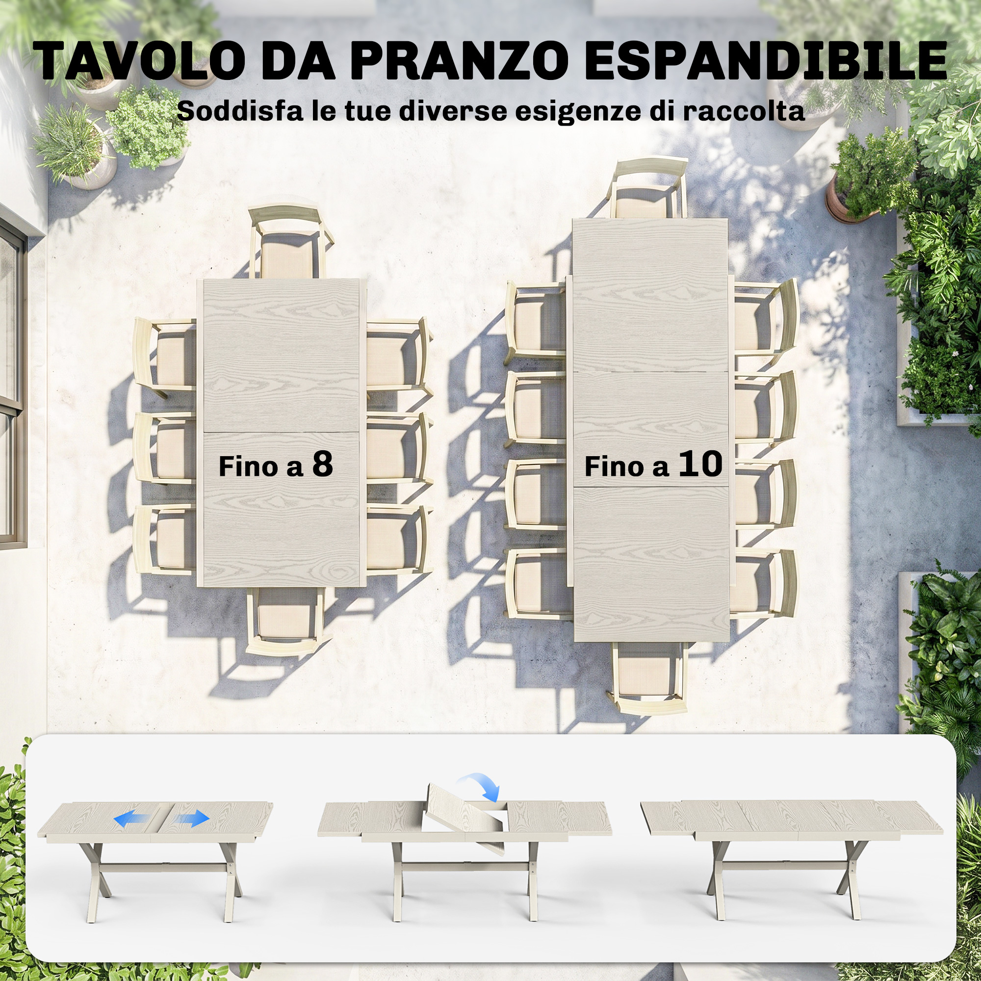 Tavolo da pranzo espandibile per 8 o 10 persone, con piante all'esterno.