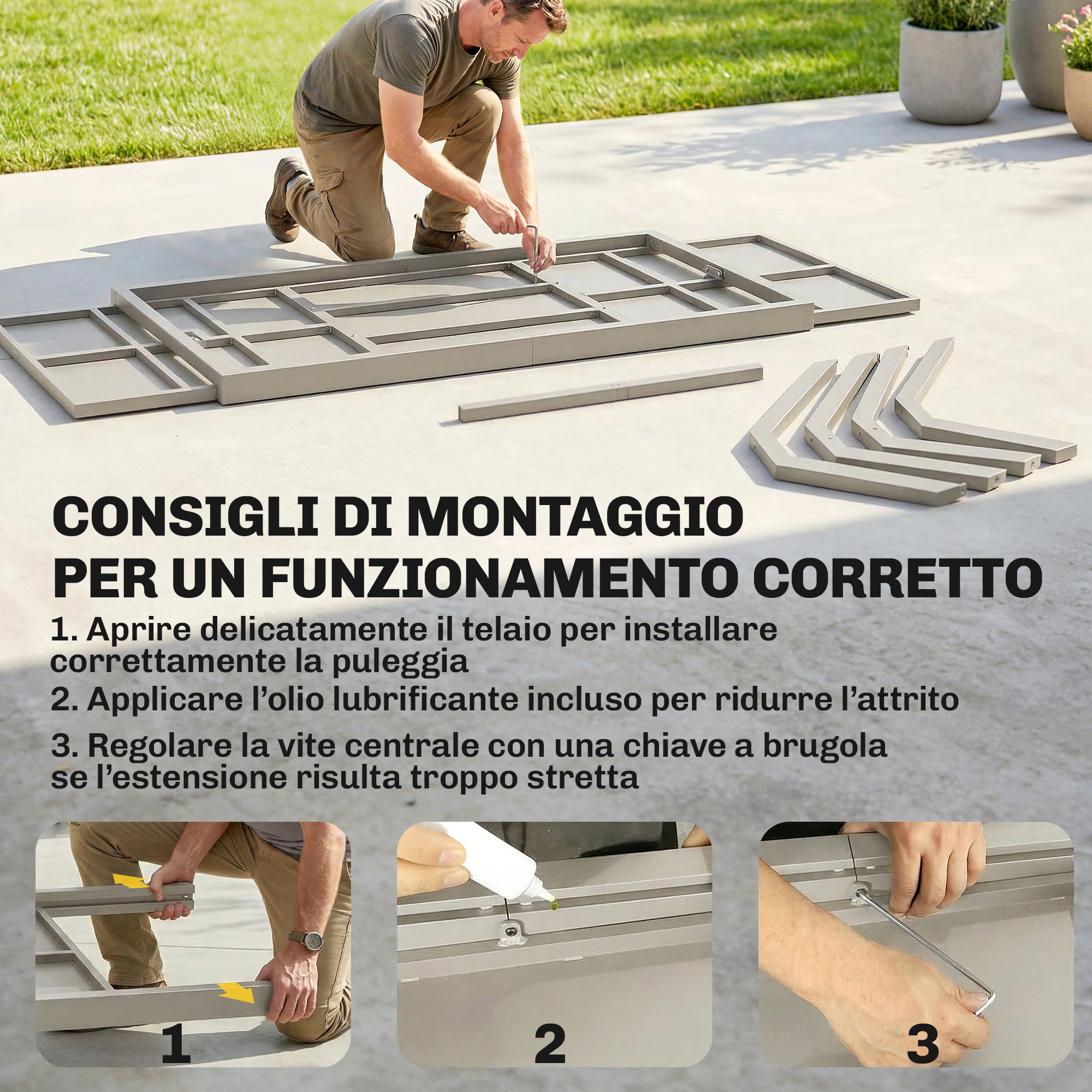 Un uomo monta un telaio grigio. Tre primi piani mostrano i dettagli.