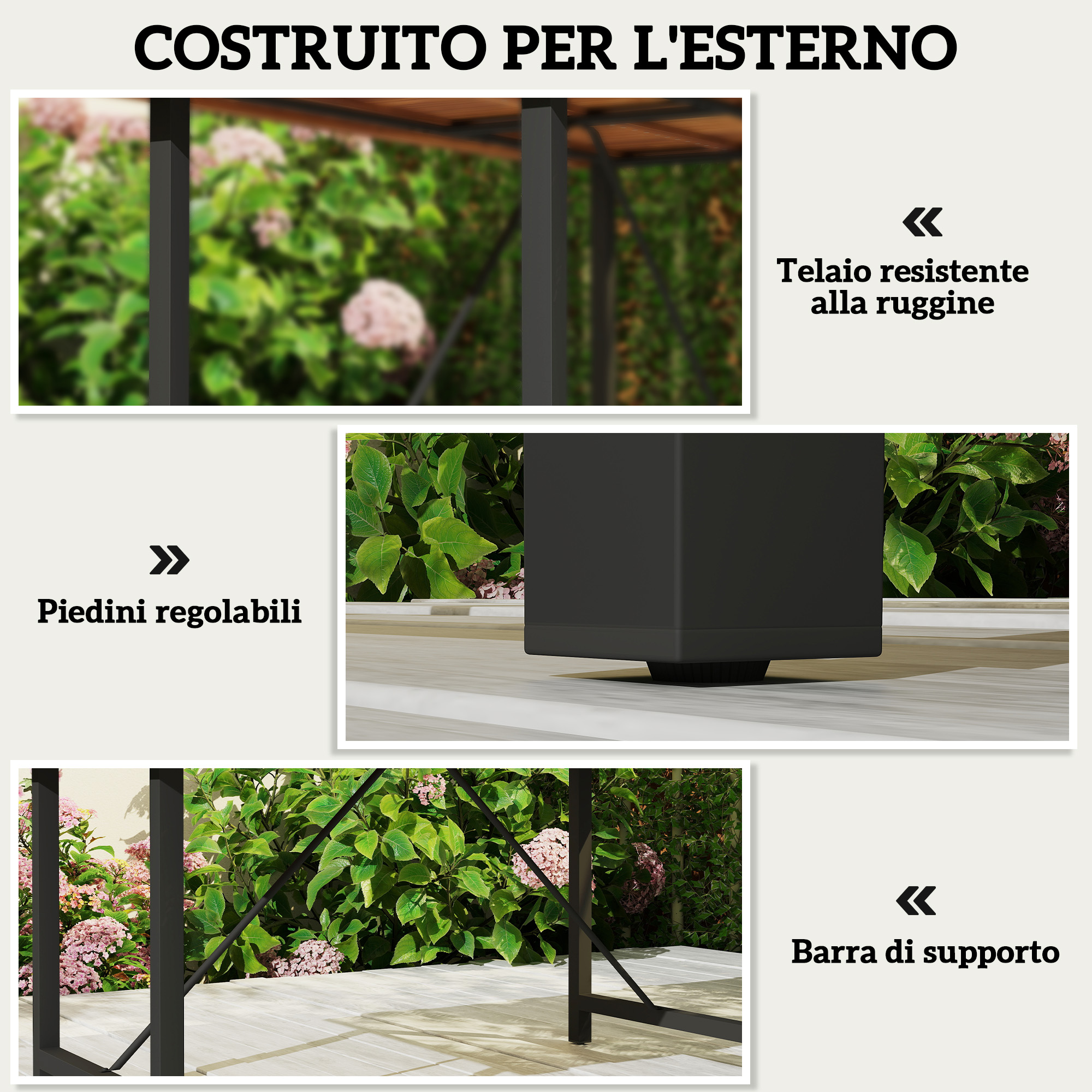 Telaio da esterno con piedini regolabili e barra di supporto, resistente alla ruggine.
