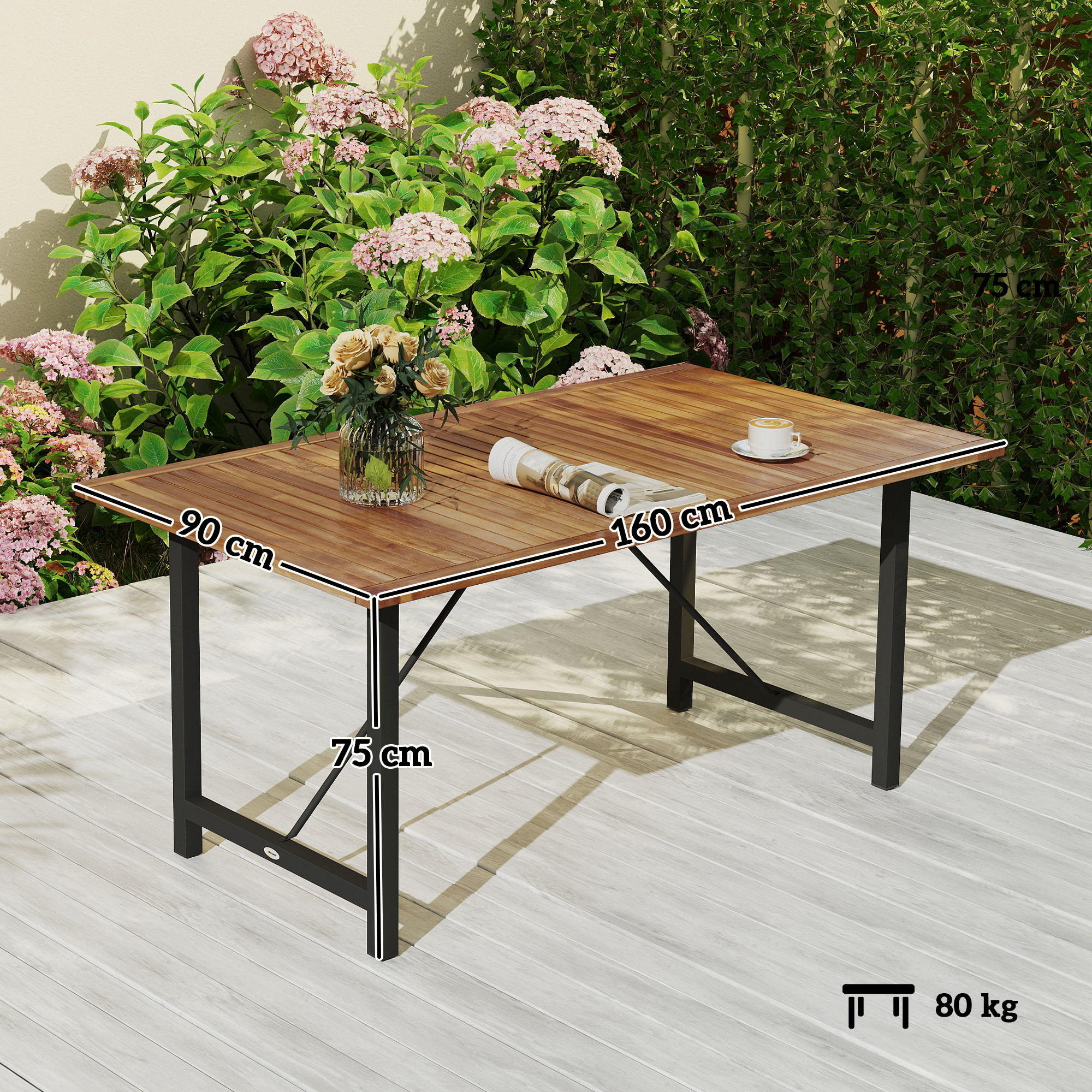 Tavolo da esterno in legno, gambe nere, 160x90x75cm. Fiori e tazza da caffè.