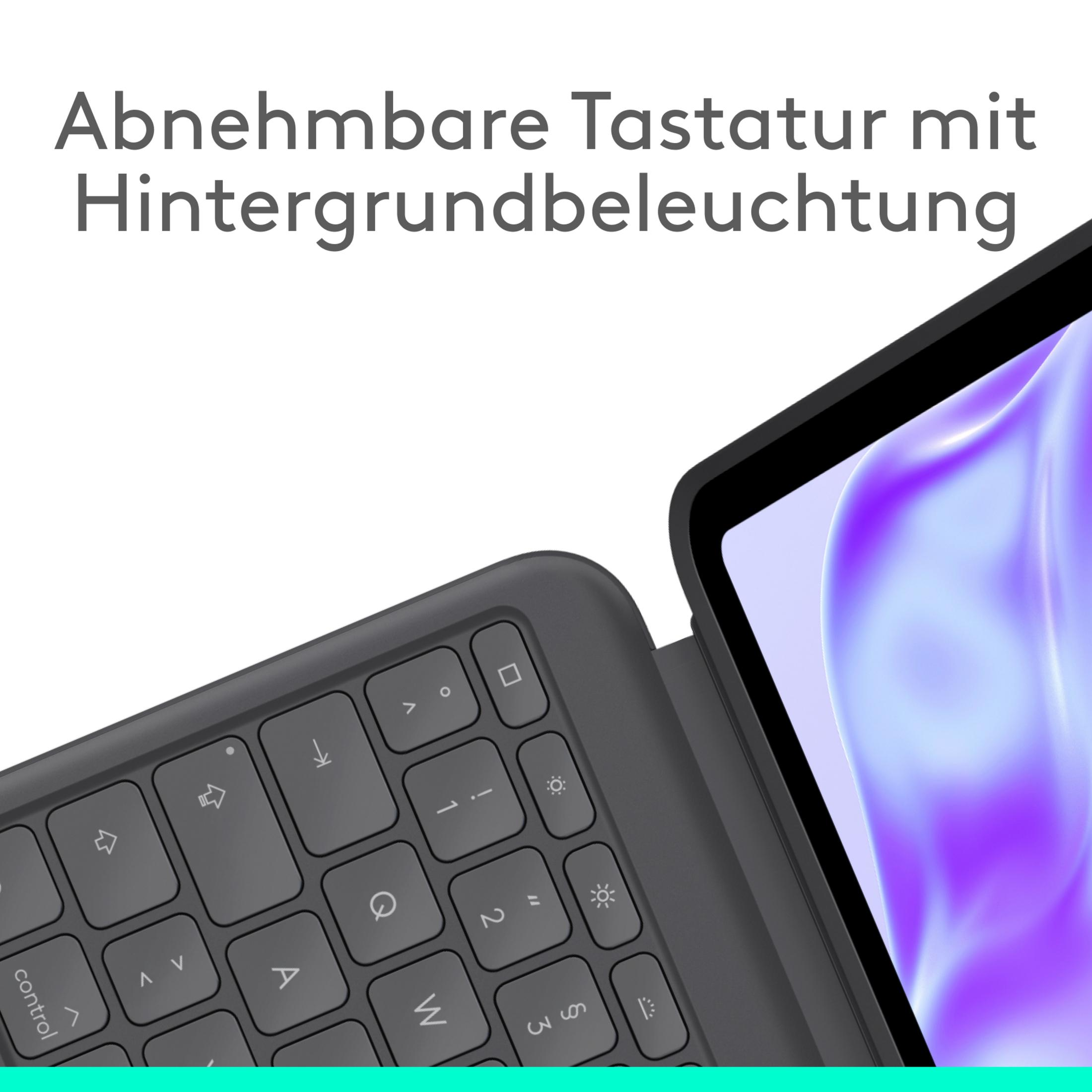 Gray keyboard with backlit keys and part of a tablet screen.