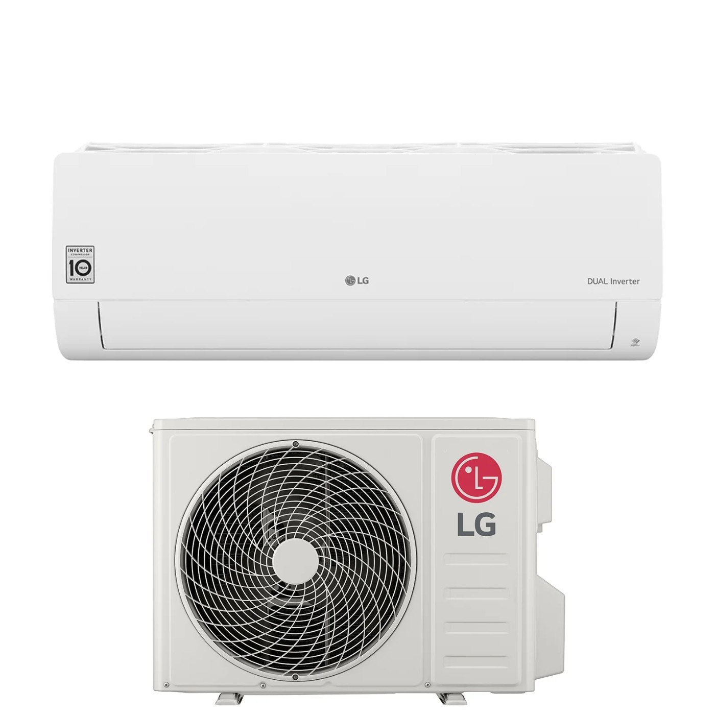 Un'unità interna di condizionatore LG bianca e un'unità esterna con griglia del ventilatore.
