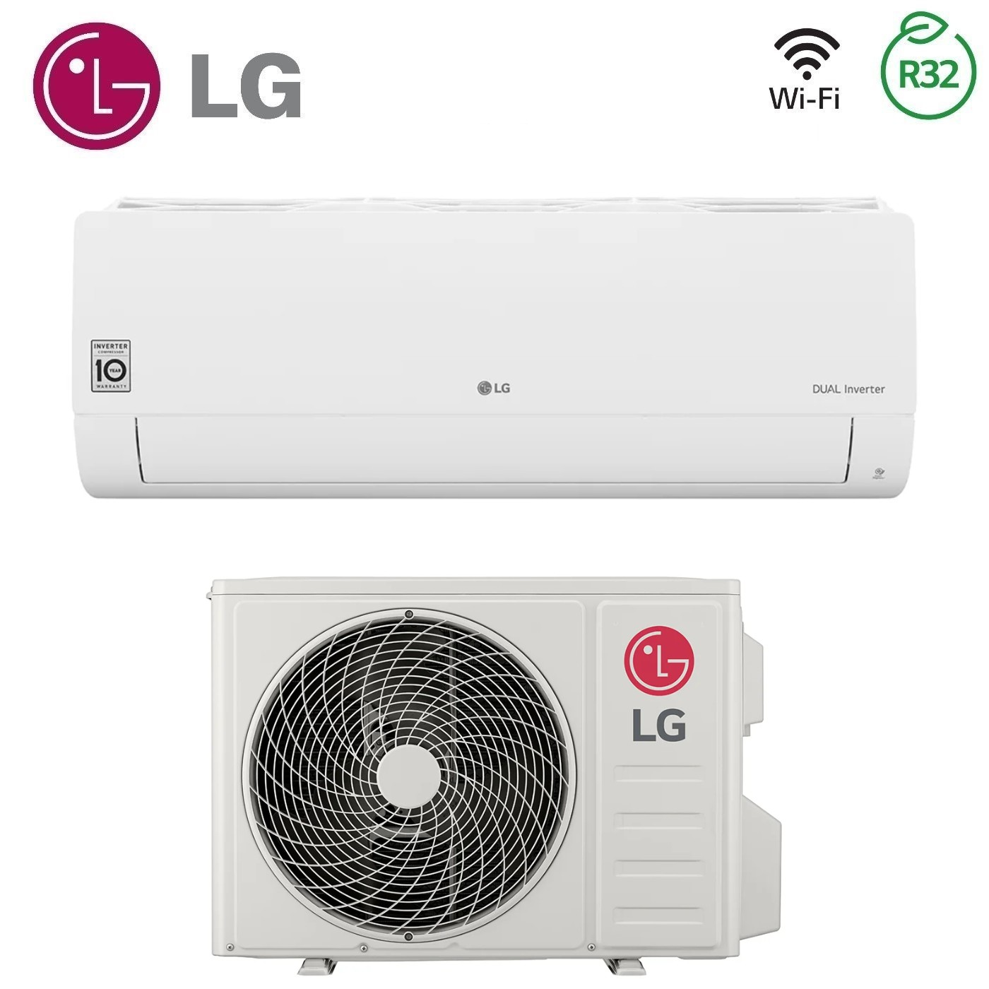 Unità interne ed esterne del condizionatore LG bianche. Con Wi-Fi, R32, Dual Inverter.
