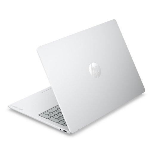 Un portátil HP blanco con teclado y logo HP en la tapa.