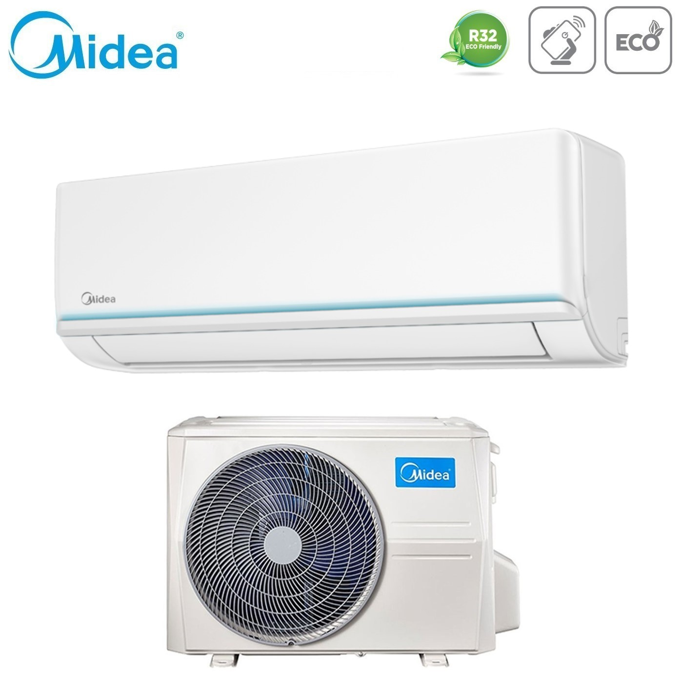 Unità interne ed esterne del condizionatore Midea bianche con loghi.