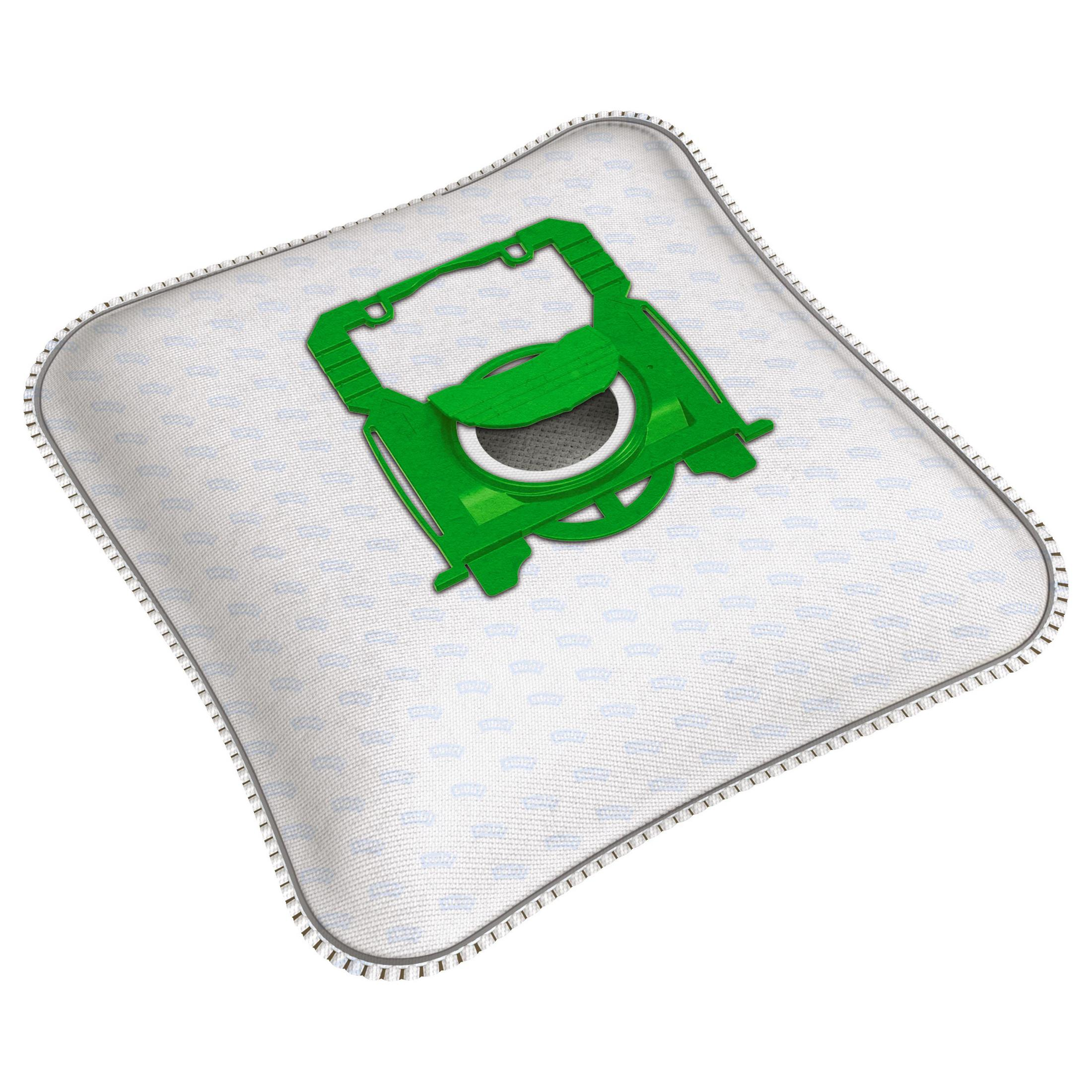 Una bolsa de aspiradora blanca con conector verde y ventana de visualización transparente.