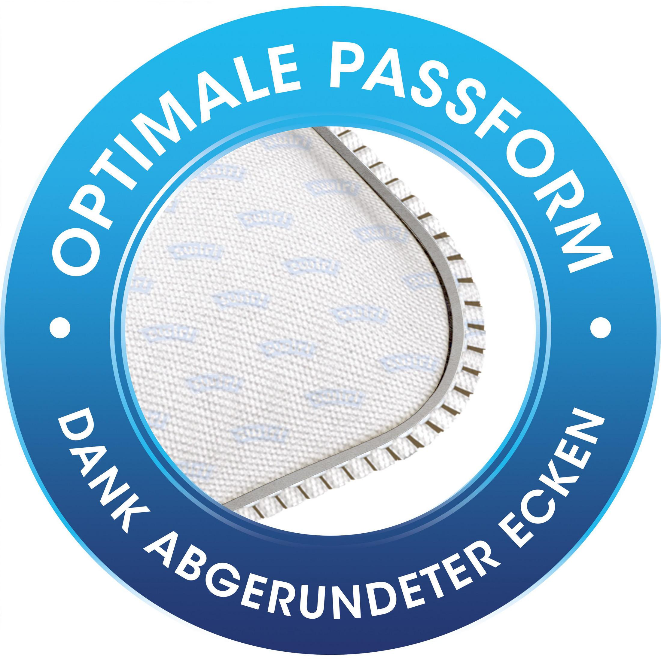Blauer Kreis mit Text: Optimale Passform, dank abgerundeter Ecken.