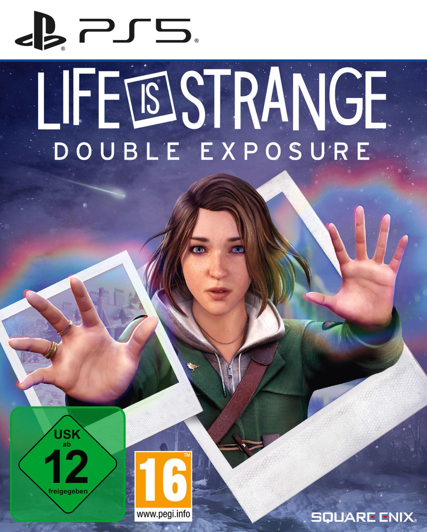 Life is Strange: Double Exposure PS5-Spielcover mit Frau, Fotos und Altersfreigaben.