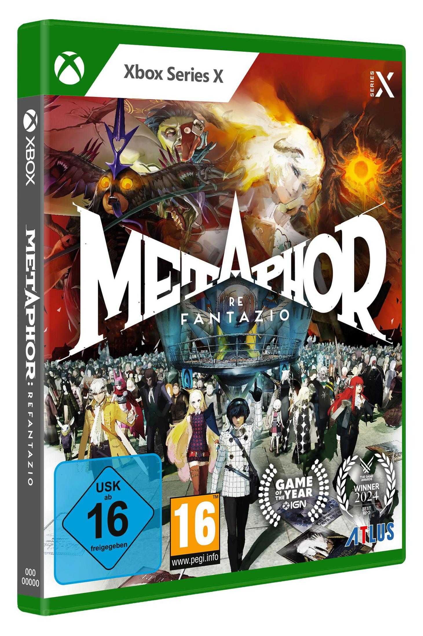Xbox Series X Hülle mit dem Spiel "Metaphor: ReFantazio" und Alterseinstufung 16.