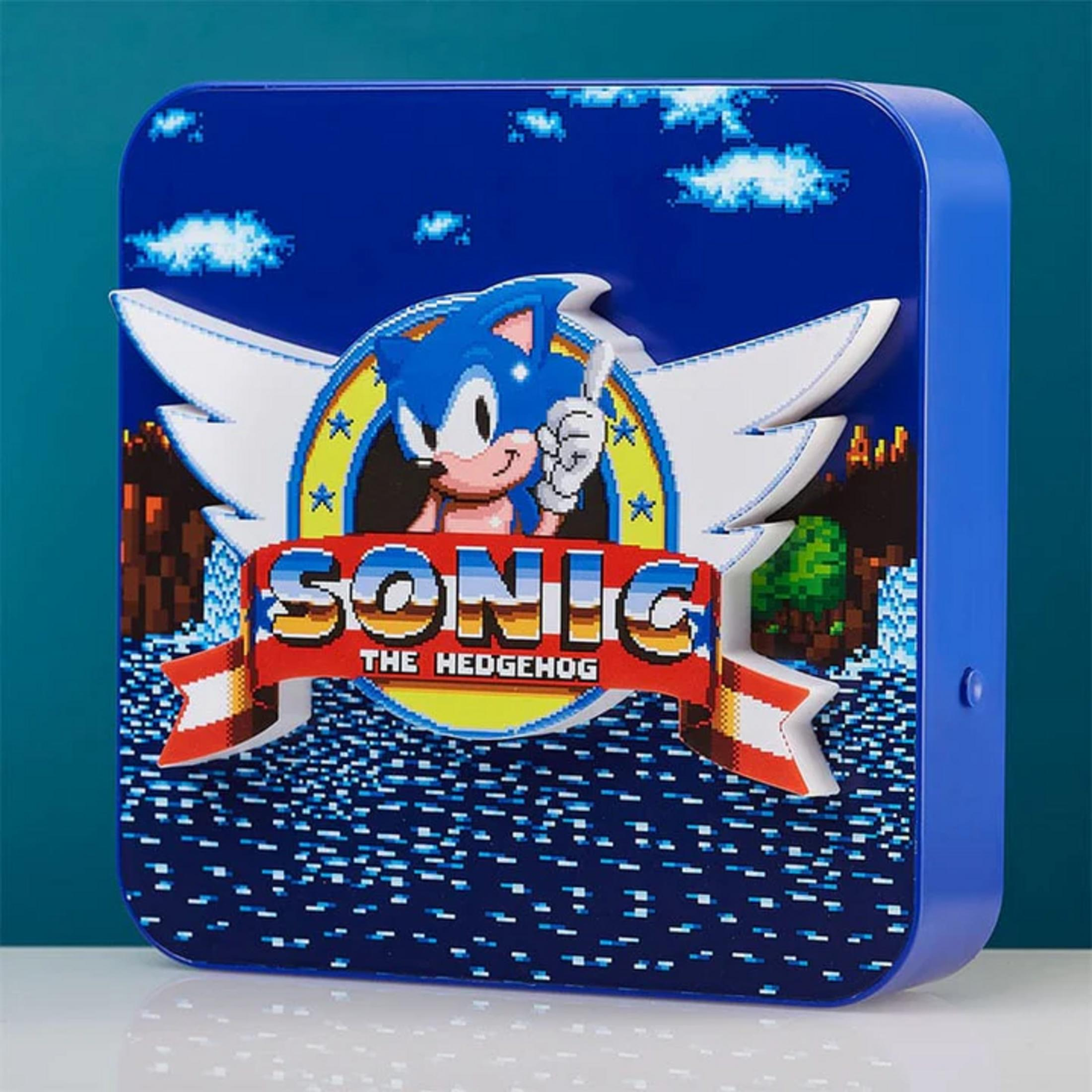 Ein blauer Sonic the Hedgehog-Schaukasten mit Pixelgrafiken eines Levels.