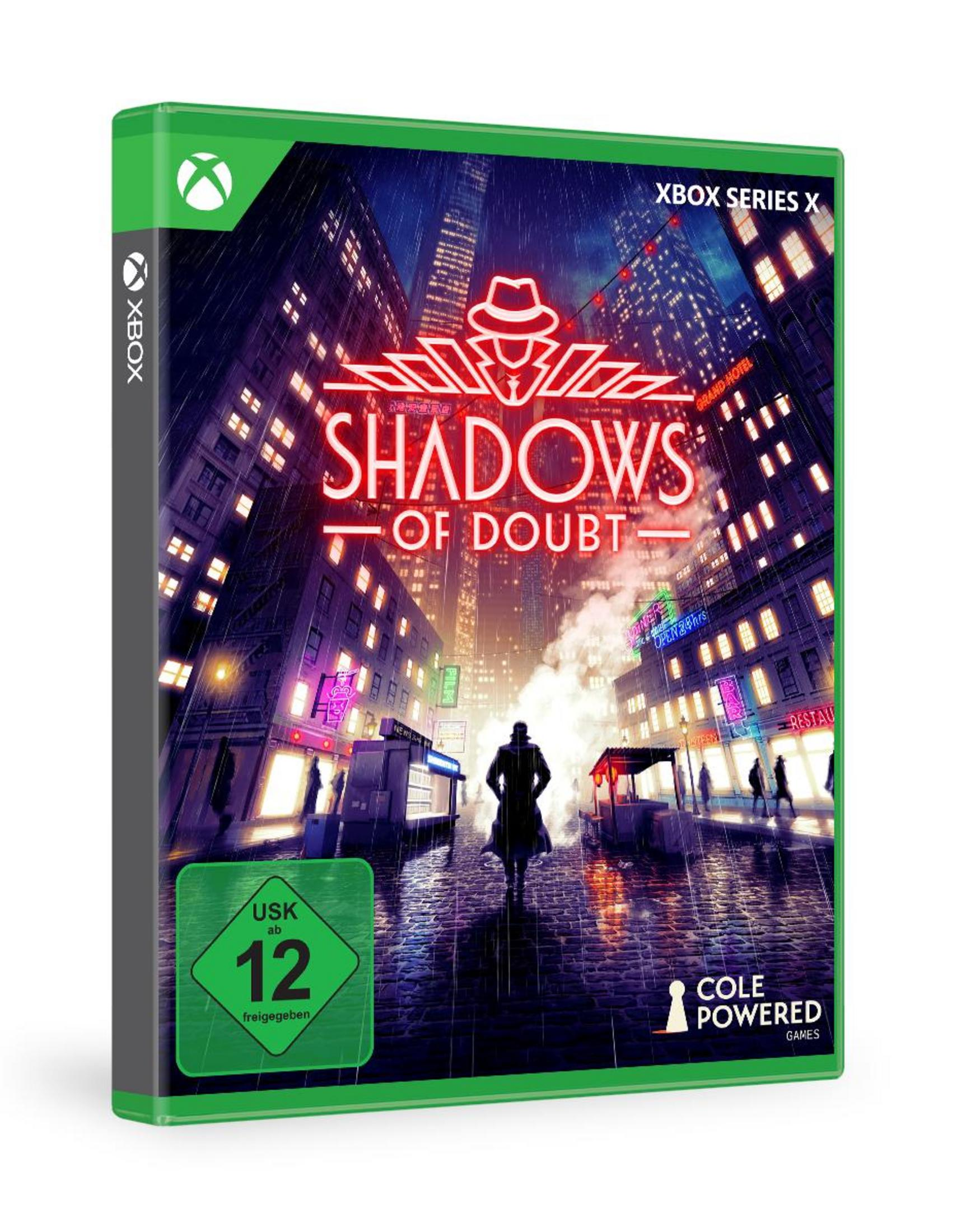 Boîtier du jeu Xbox "Shadows of Doubt" avec scène de ville nocturne, pluie et néons.