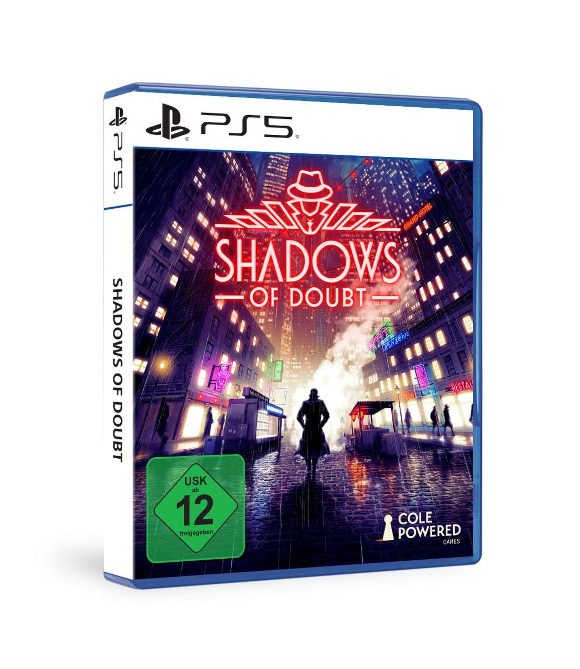 PS5 Spiel "Shadows of Doubt" Hülle mit neonbeleuchteter Stadt bei Nacht und USK 12 Logo.