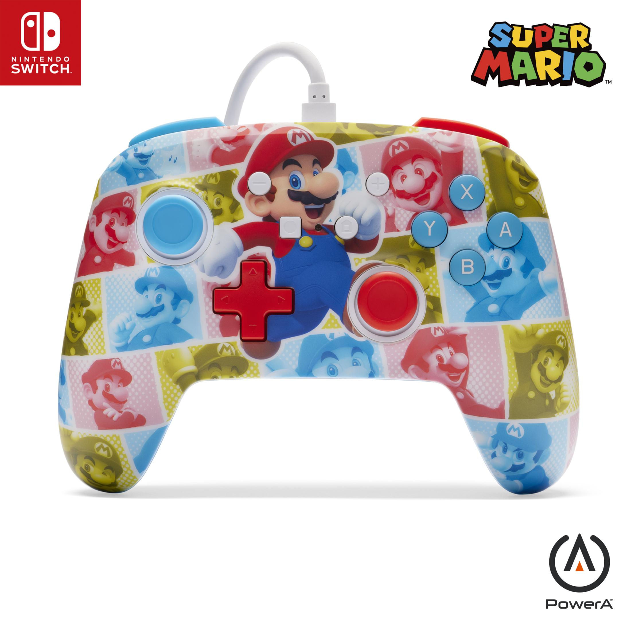 Un controller Nintendo Switch a tema Mario, con immagini colorate di Mario.