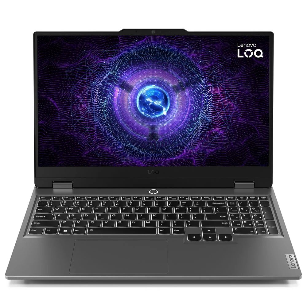 Gri bir Lenovo LOQ dizüstü bilgisayar açık, ekranında canlı mor ve mavi soyut dijital sanat gösteriliyor.