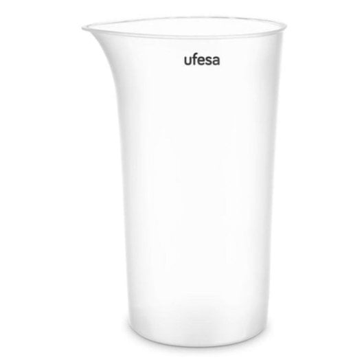 Un misurino trasparente con beccuccio e logo 'ufesa'.