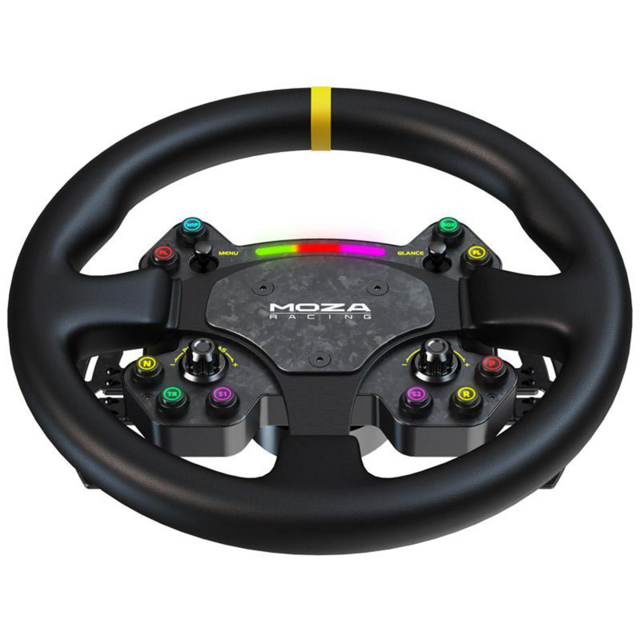 Ein schwarzes Rennlenkrad mit gelbem Streifen, Knöpfen und RGB-Beleuchtung.