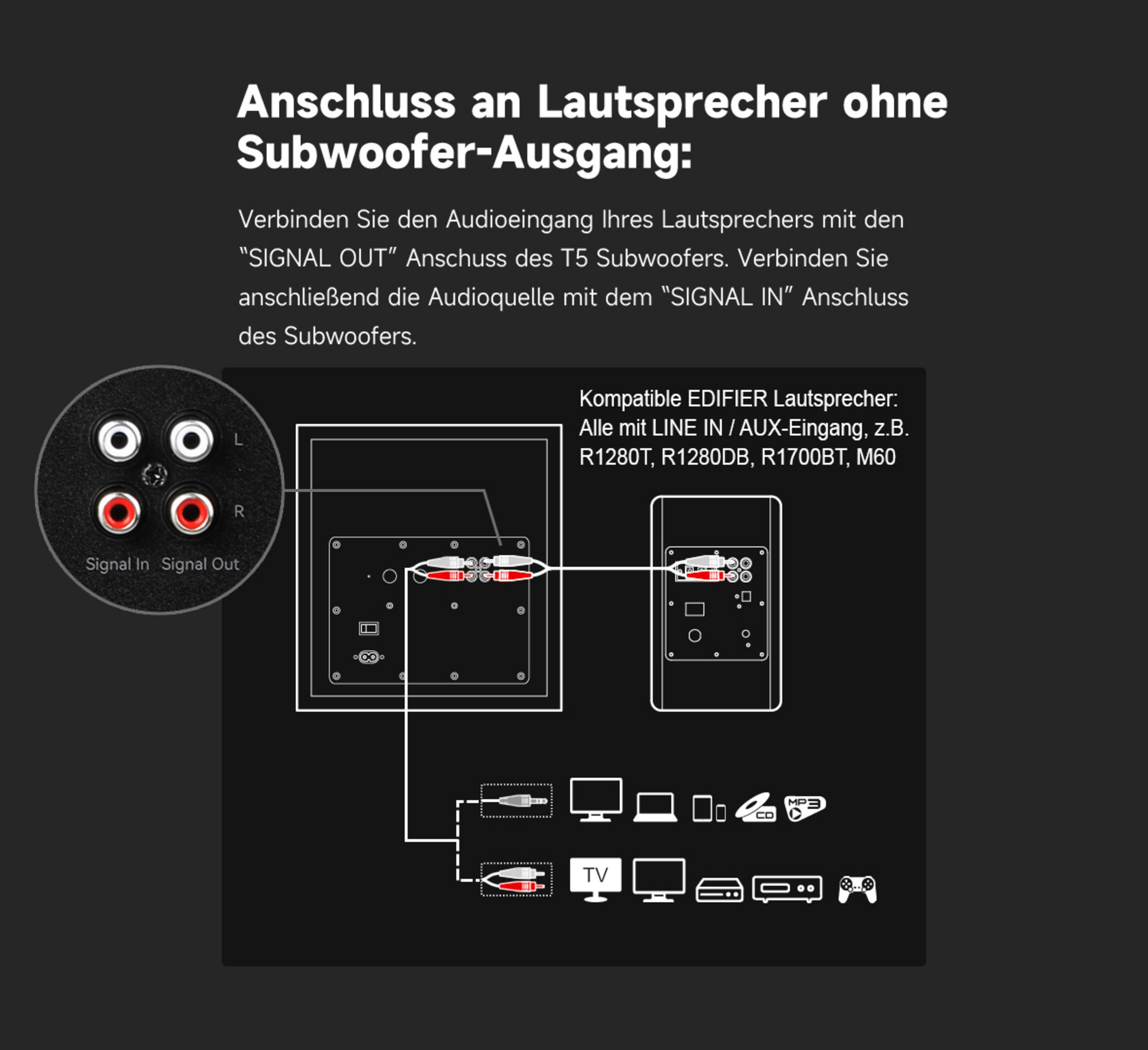Diagrama para conectar altavoces sin salida de subwoofer.