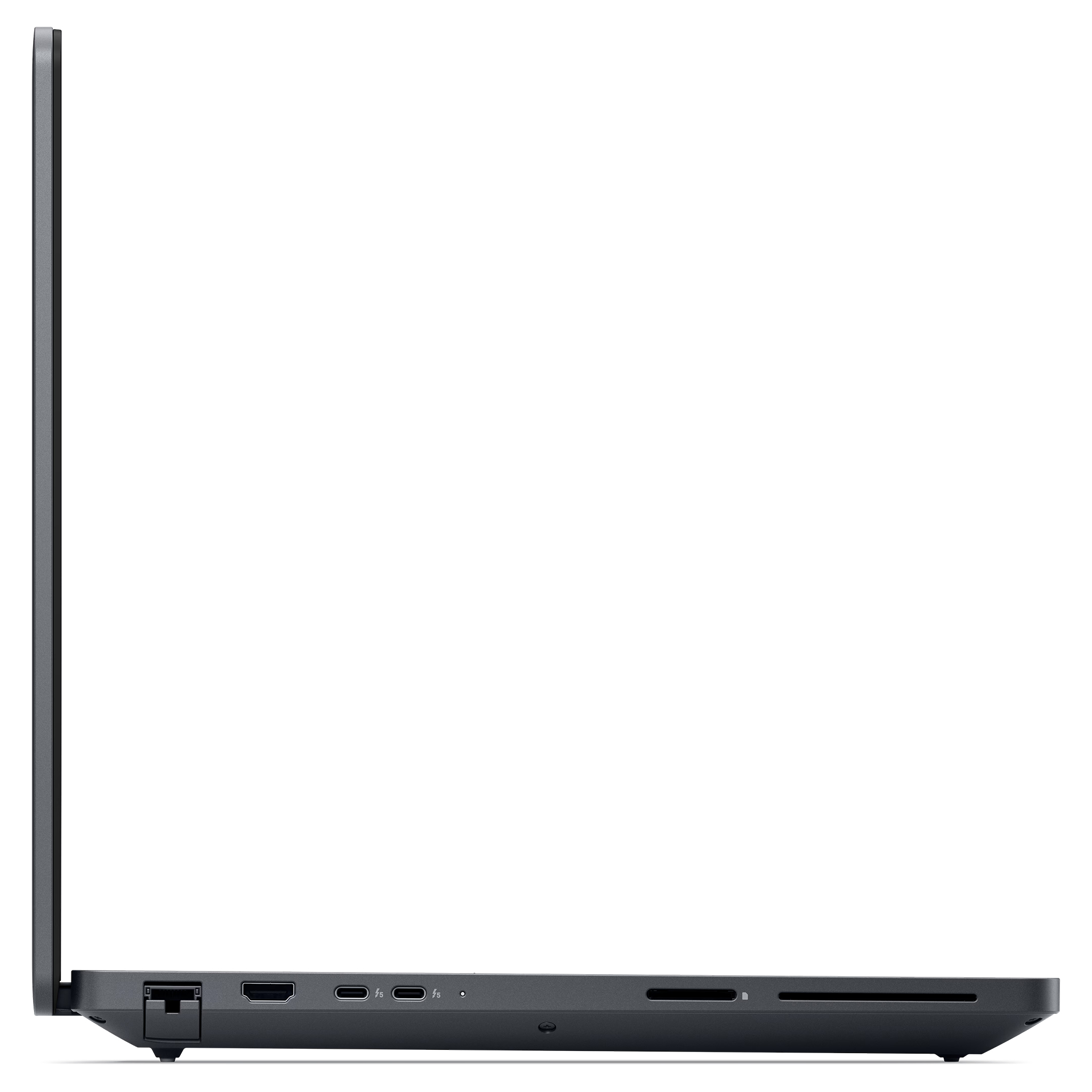 Ethernet, HDMI, USB-C ve SD kart okuyucu bağlantı noktalarını gösteren koyu gri dizüstü bilgisayarın yan görünümü.