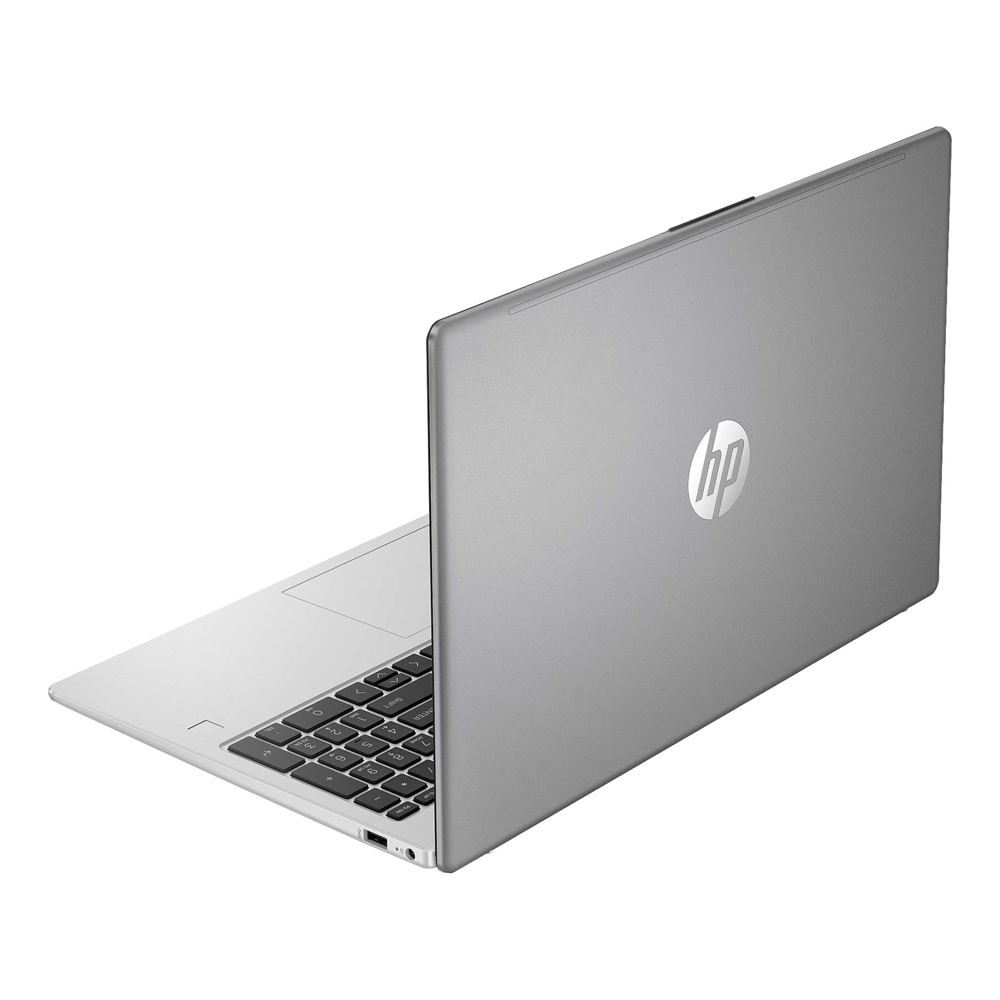 Beyaz zeminde kapalı gümüş HP dizüstü bilgisayar.