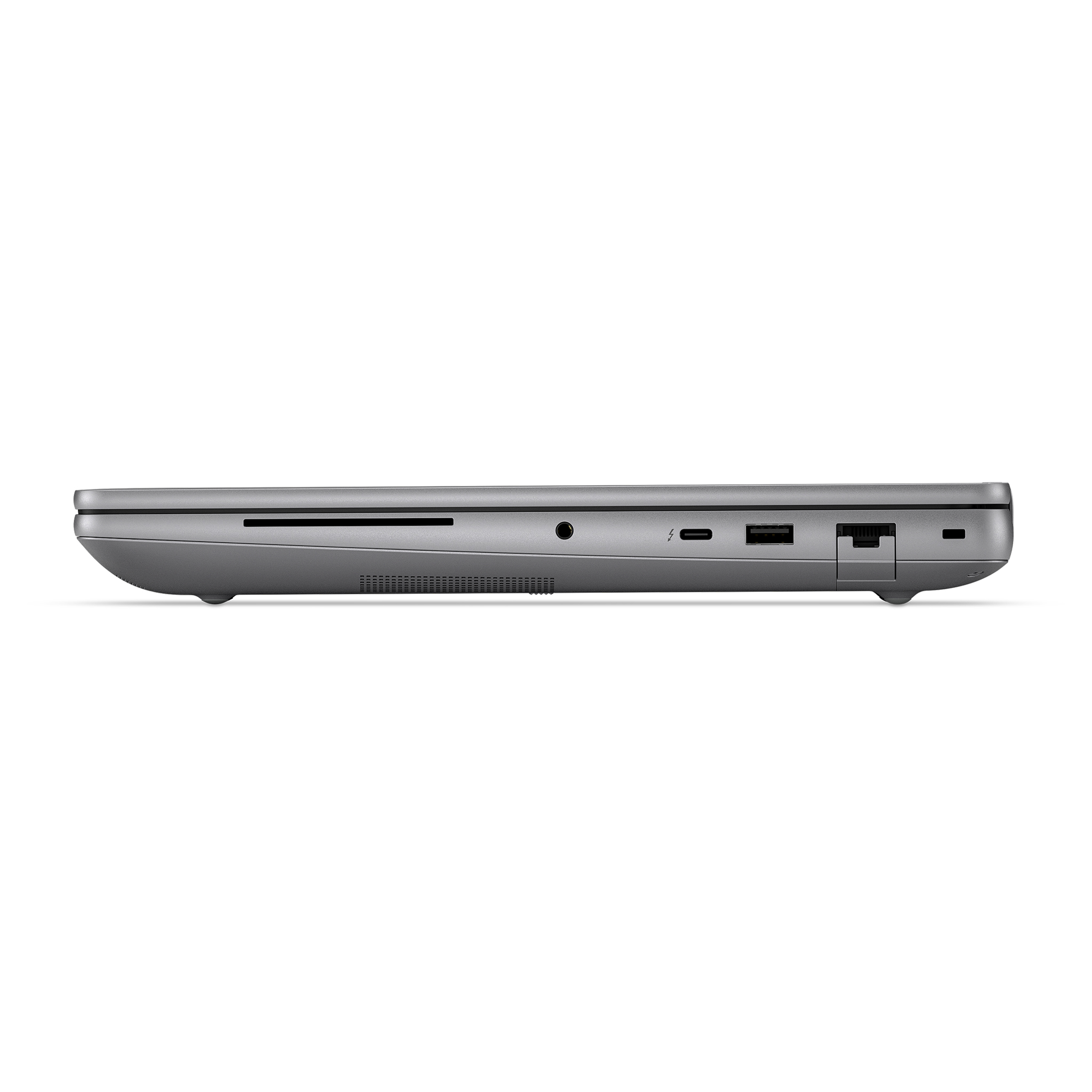 Gri dizüstü bilgisayar profili ve bağlantı noktaları: SD kart okuyucu, ses jakı, Thunderbolt, USB-A, Ethernet.