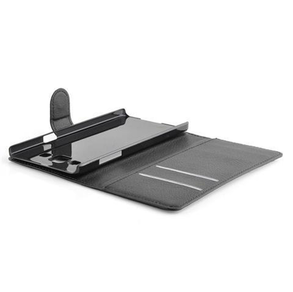 Schwarzes Leder-Flip-Case für ein Smartphone, offen und nach links gedreht.