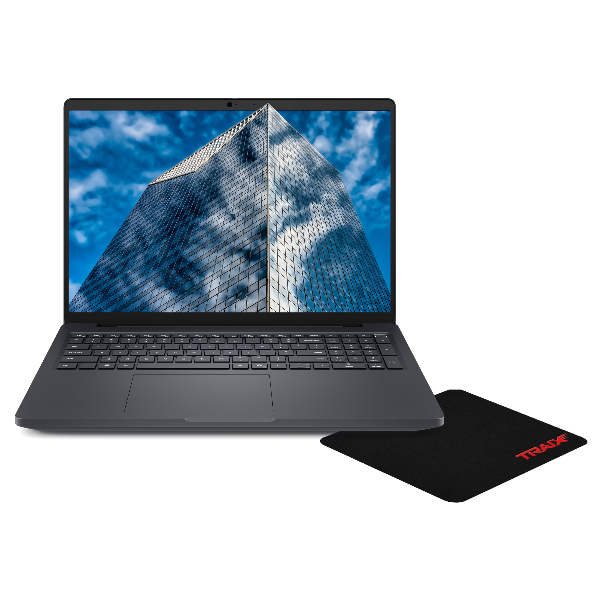 Koyu renkli bir dizüstü bilgisayar, üzerinde kırmızı logo bulunan siyah mousepad'in yanında duruyor.