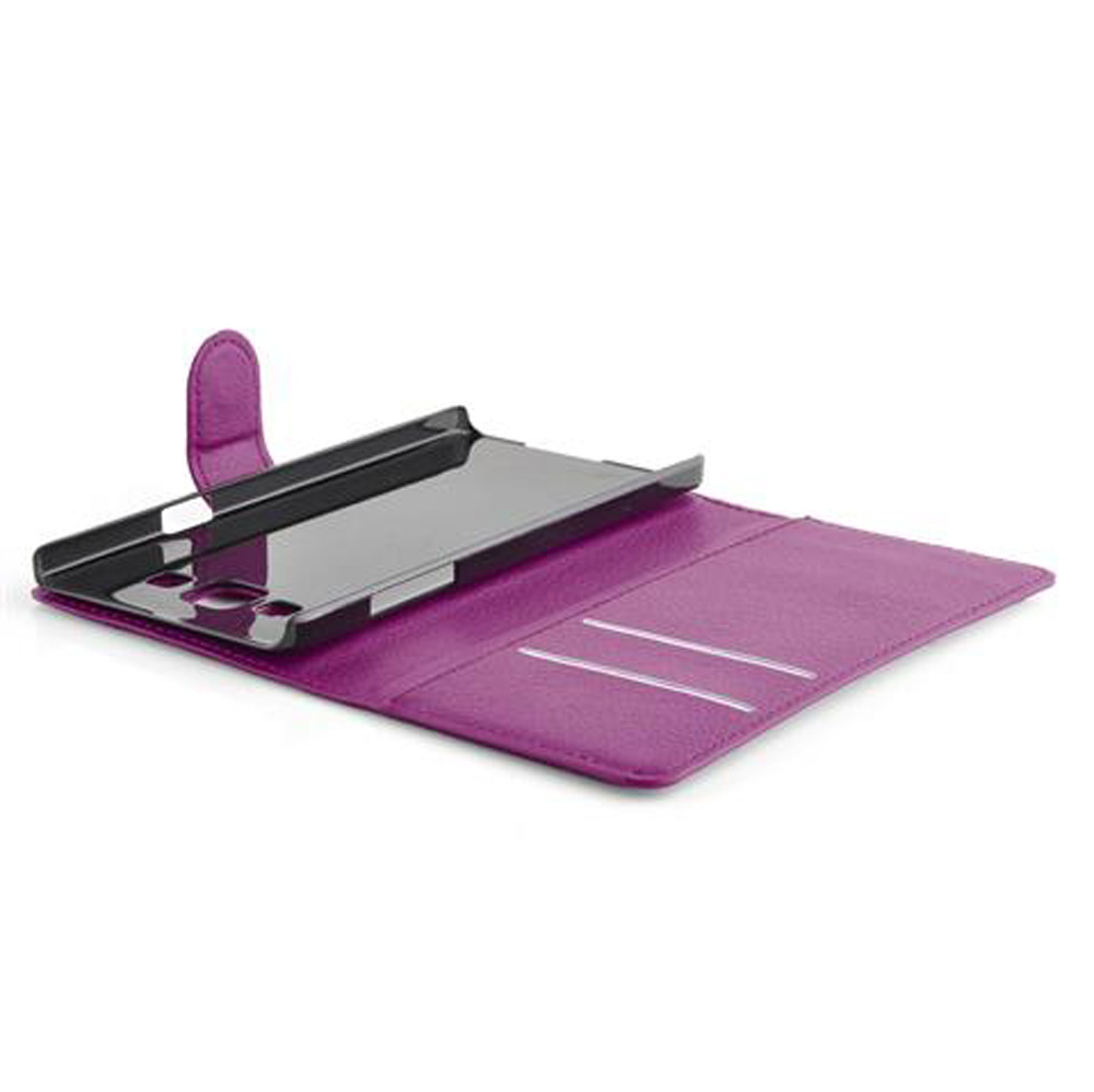 Una custodia aperta in pelle viola per telefono con cornice nera, con fessure.