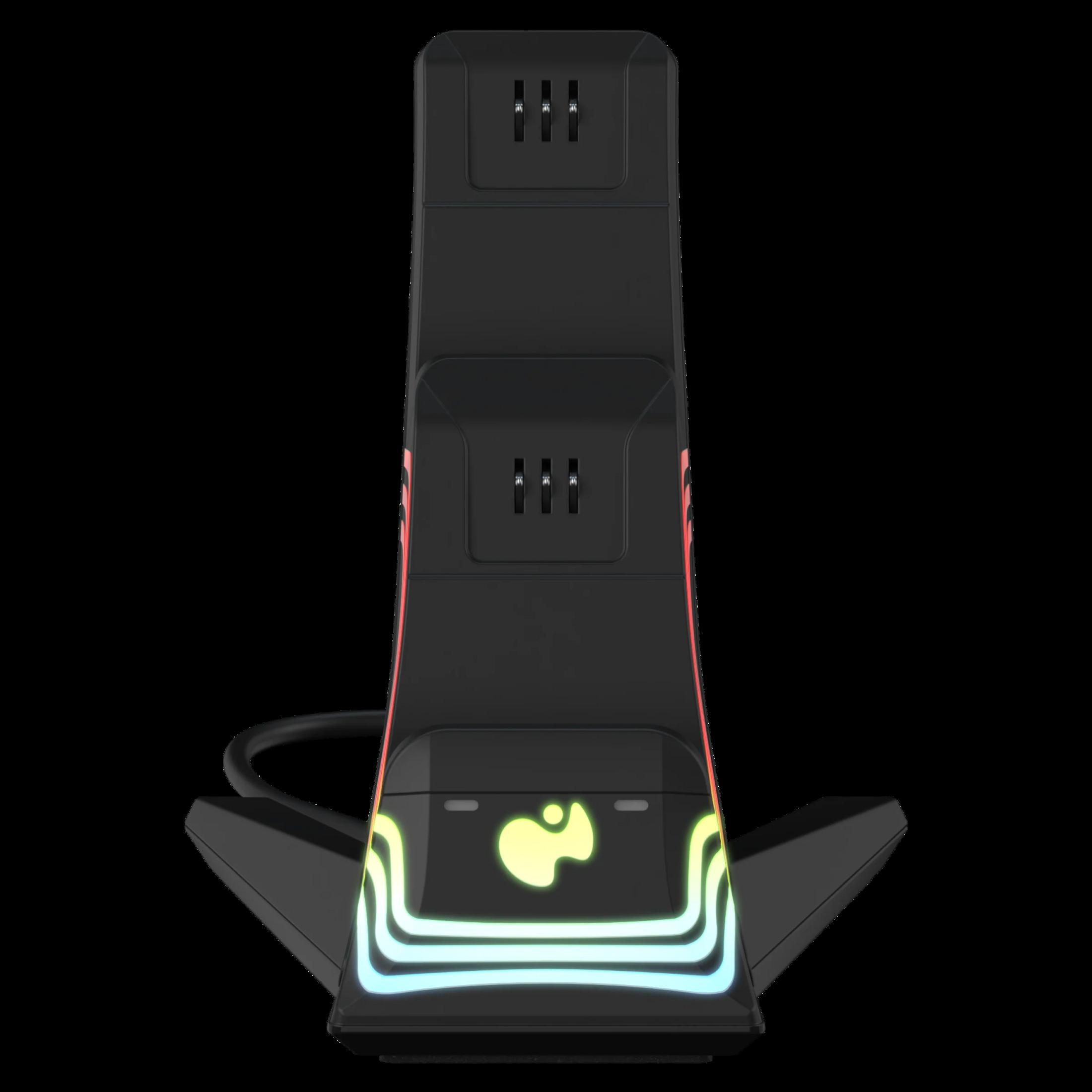 Czarna stacja ładująca z oświetleniem RGB i żółtym logo.