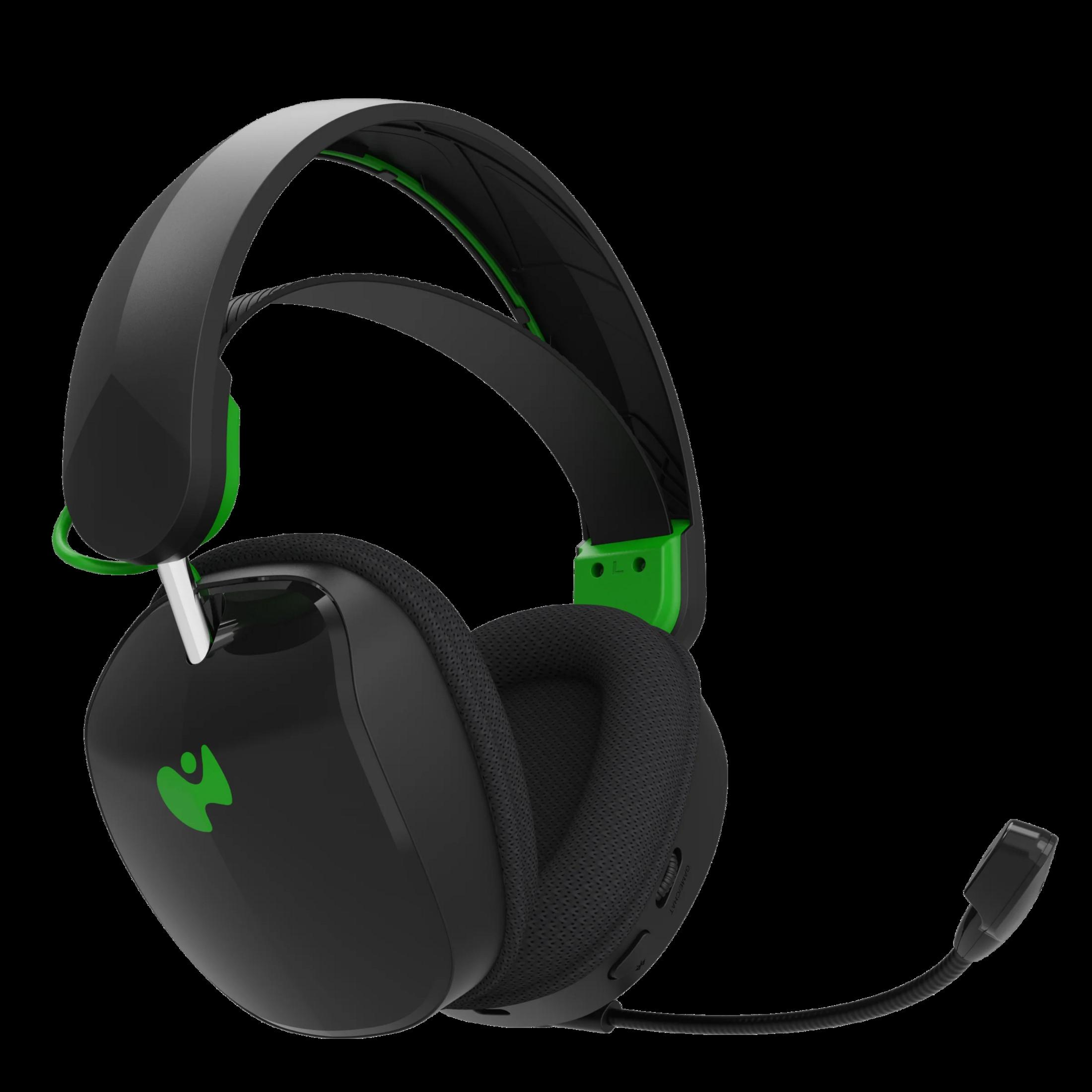 Cuffie da gaming nere con accenti verdi e microfono.