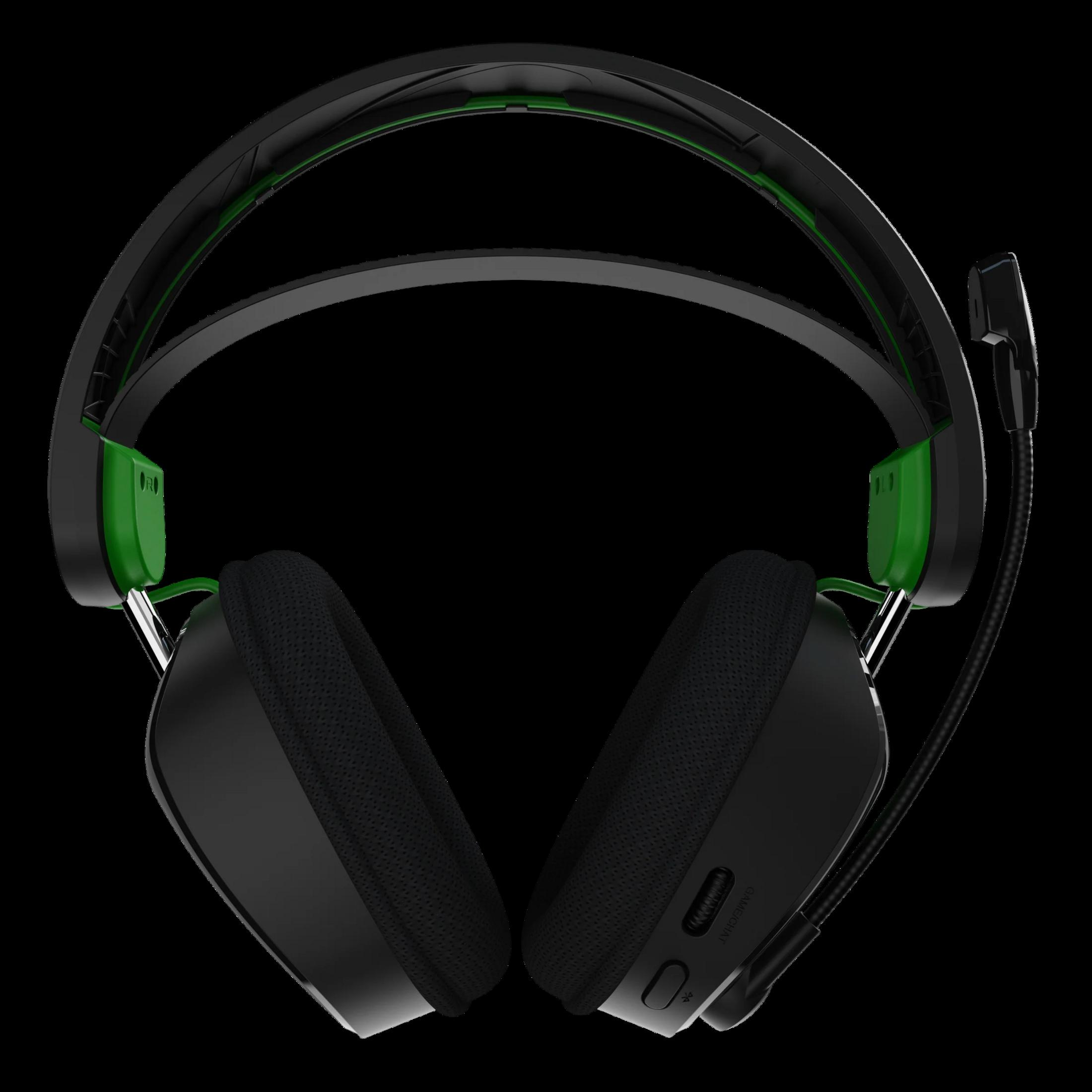 Cuffie da gioco nere con accenti verdi e microfono.