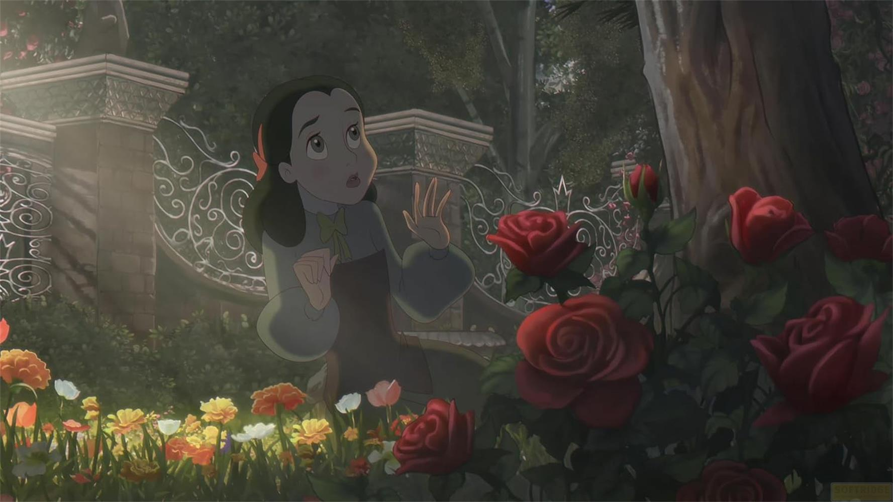 Una ragazza in un giardino con molte rose rosse e fiori colorati.