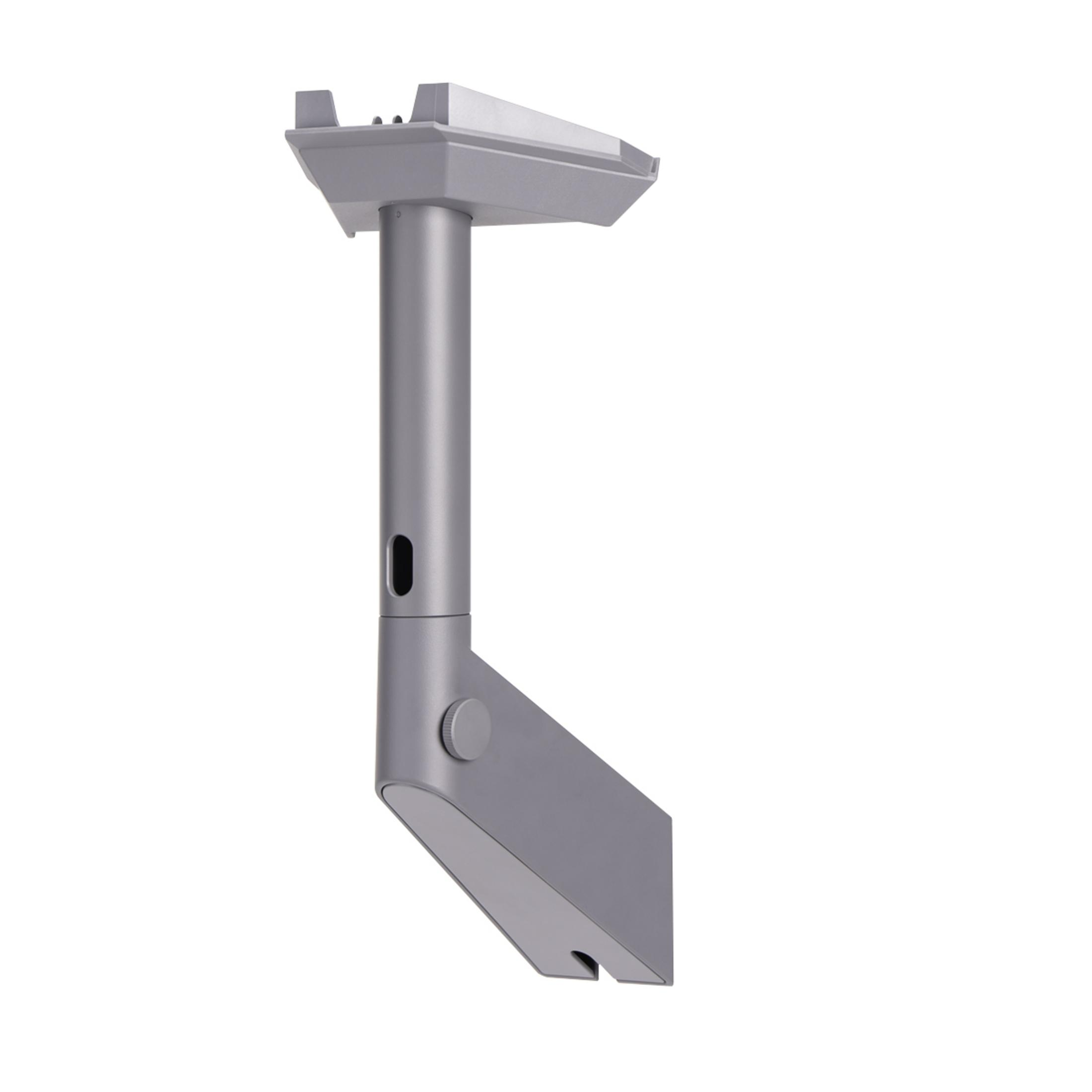 Un supporto da soffitto grigio con tubo verticale e braccio angolato.
