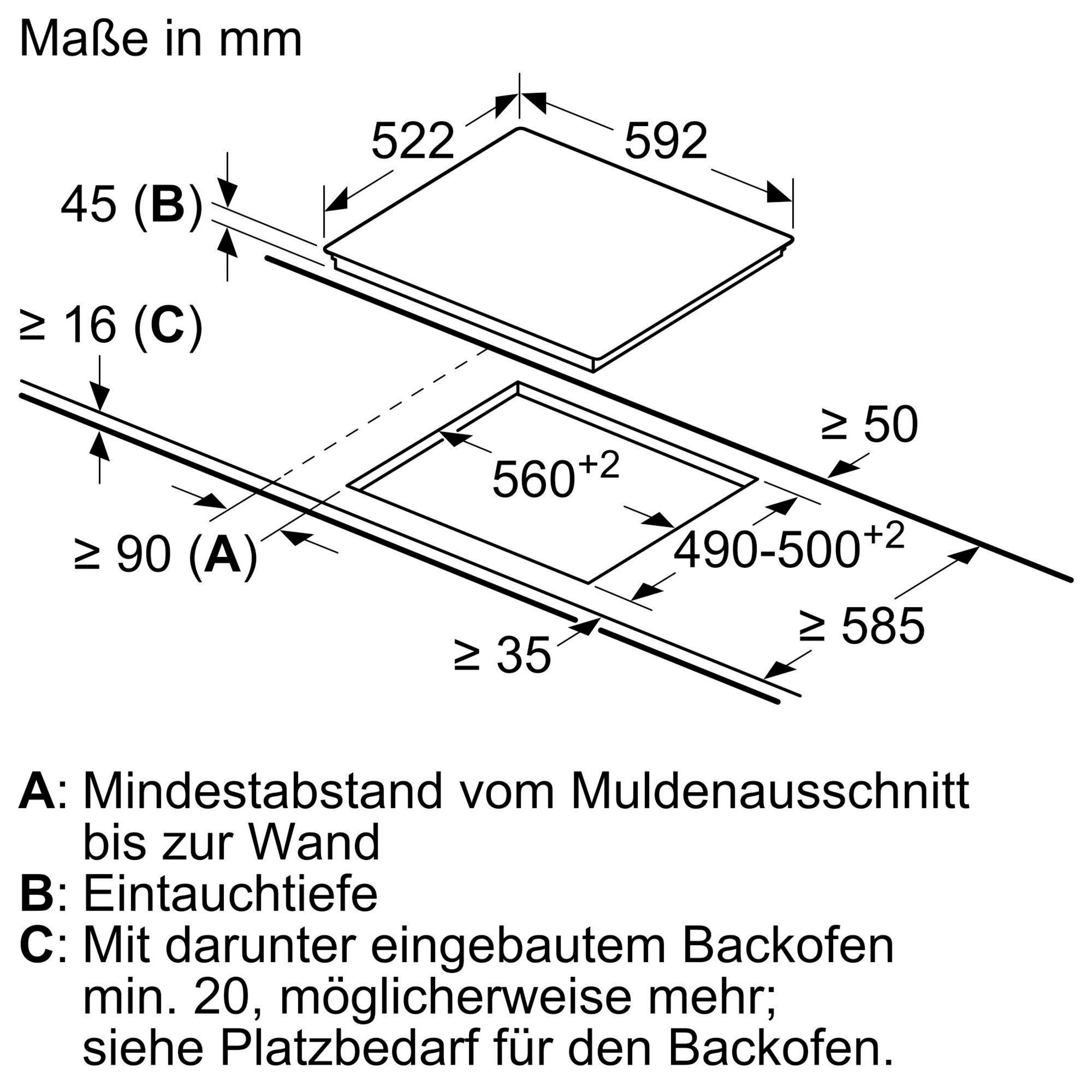 Einbauzeichnung Kochfeld mit Maßen in mm und Einbauhinweisen A, B, C.