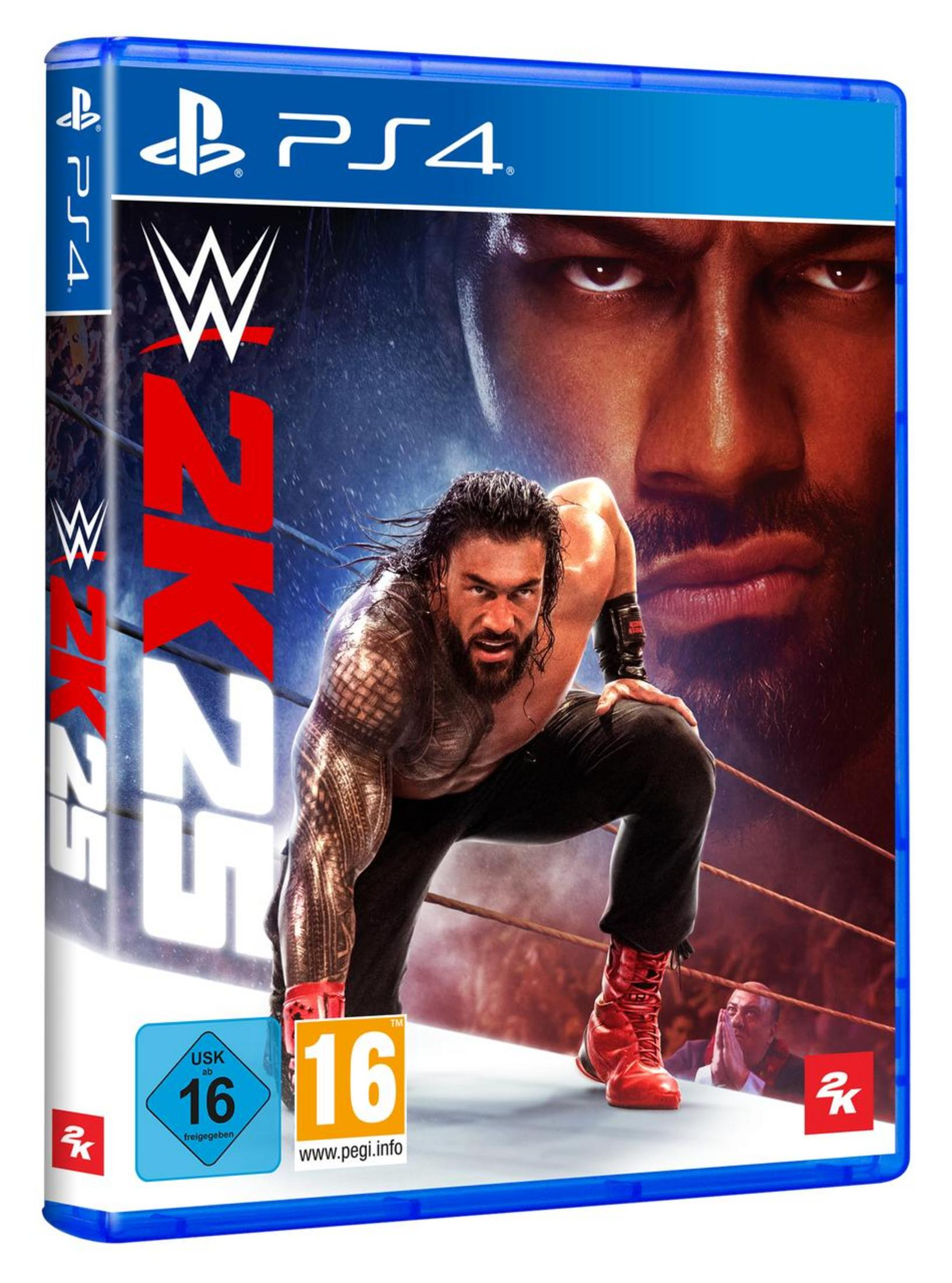 Couverture du jeu PS4 WWE 2K25 avec Roman Reigns en action et classification 16.