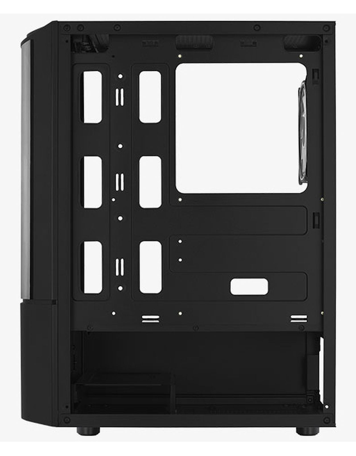 Schwarzes Computergehäuse innen, zeigt Laufwerksschächte und Motherboard-Halterungen.
