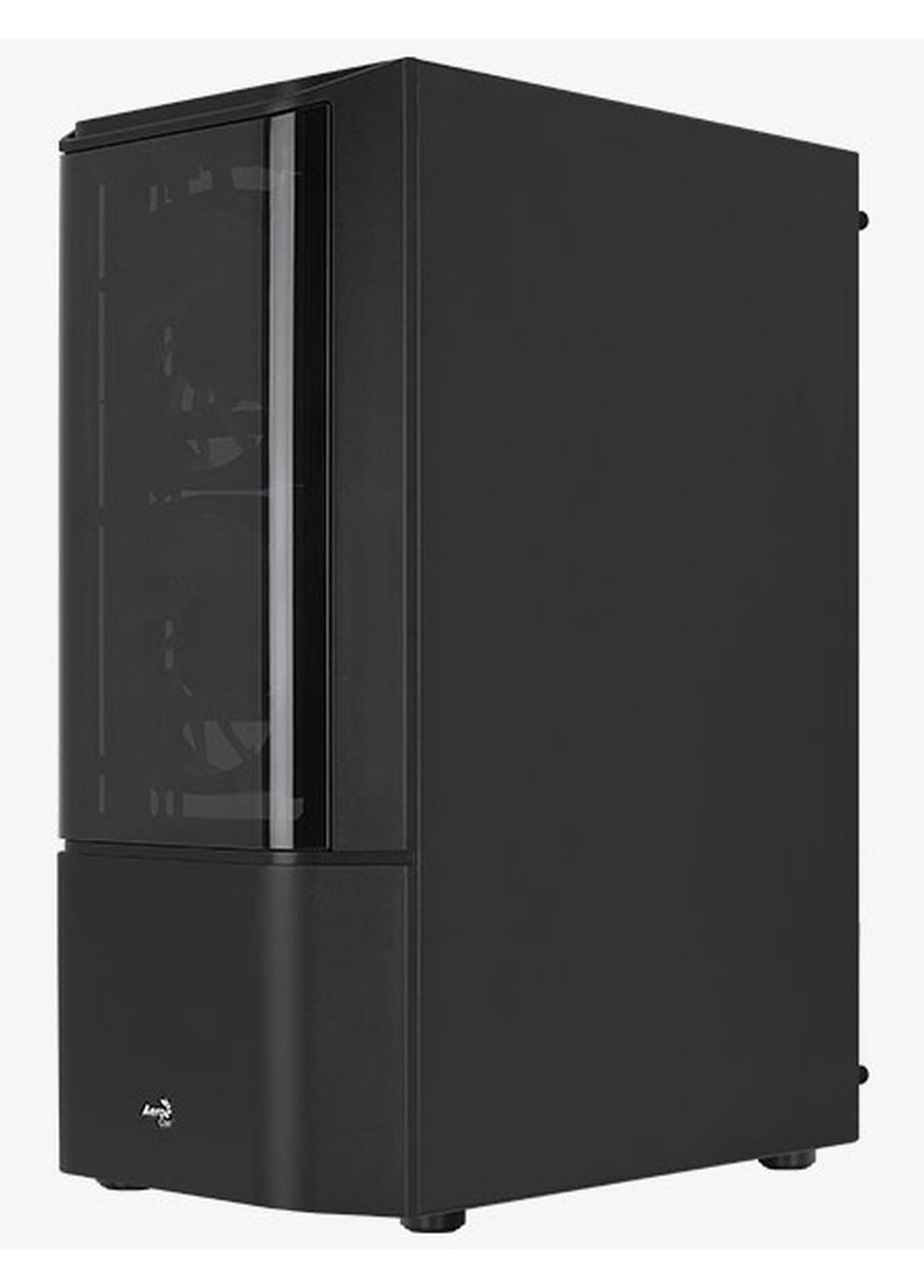 Schwarzes Computergehäuse mit getöntem Glasfenster auf der linken Seite.