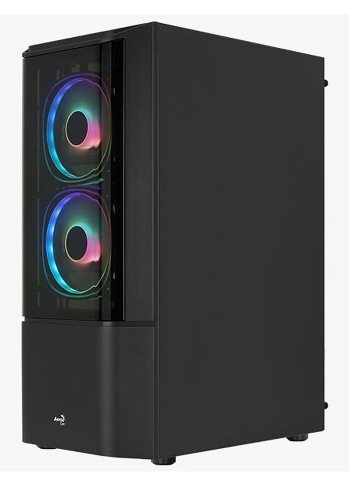 Ein schwarzes Computergehäuse mit zwei beleuchteten RGB-Lüftern auf der linken Seite.