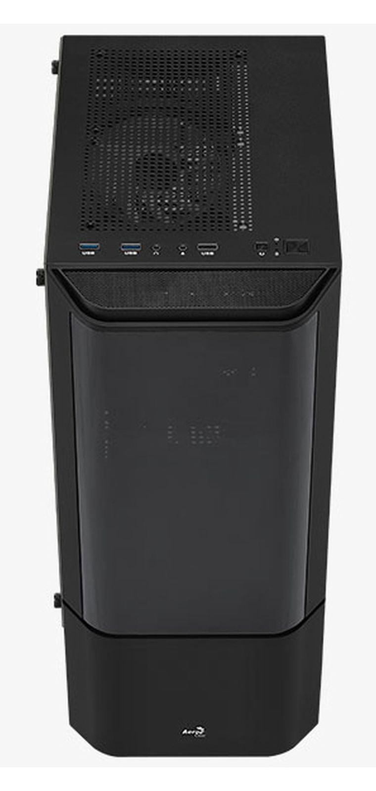 Schwarzes Computergehäuse mit USB-Anschlüssen oben und einem Sichtfenster.