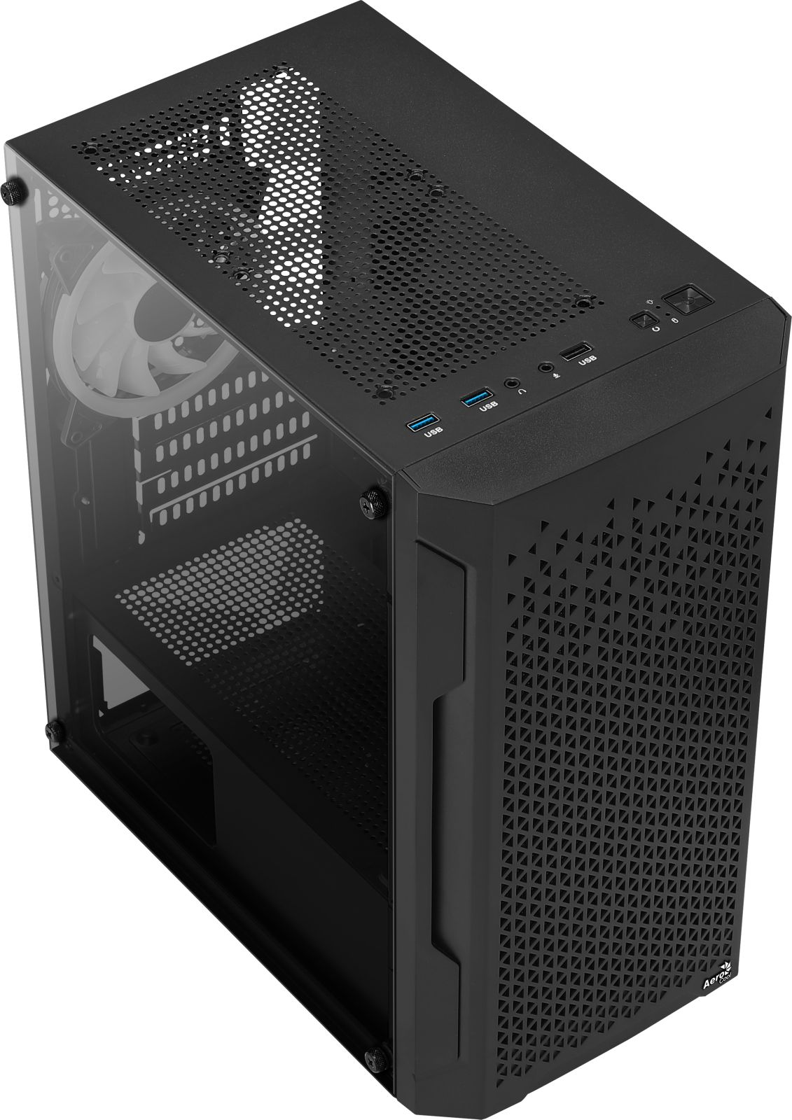 Schwarzes PC-Gehäuse mit Glasfenster und Lüftern. Oberseite mit USB-Anschlüssen.