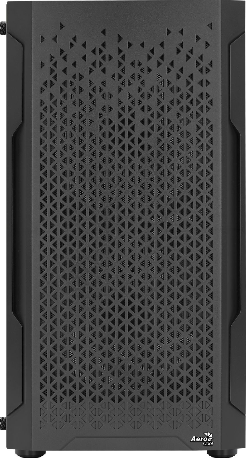 Schwarzes Computergehäuse mit dreieckigem Belüftungsmuster und Logo.