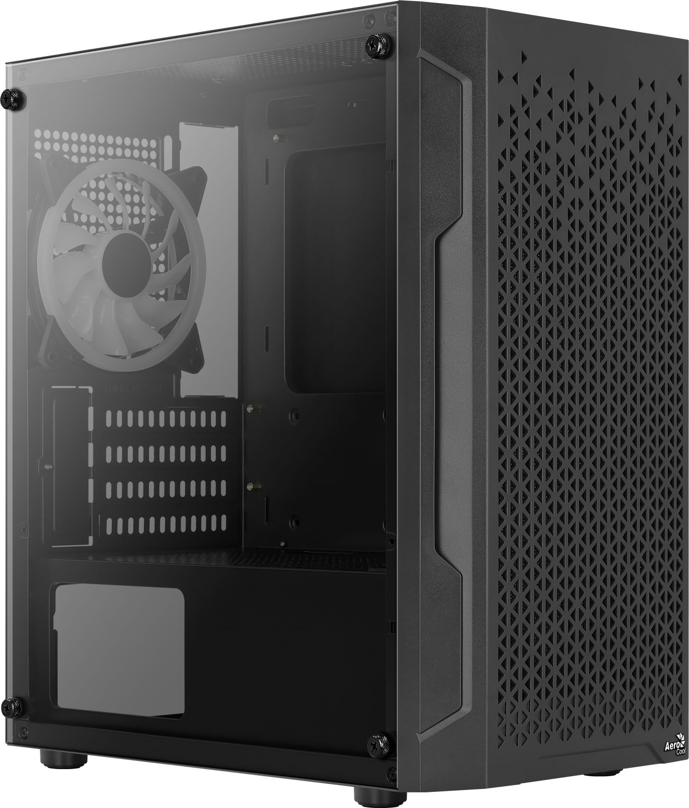 Schwarzes Computergehäuse mit Glasfenster und Lüfter.