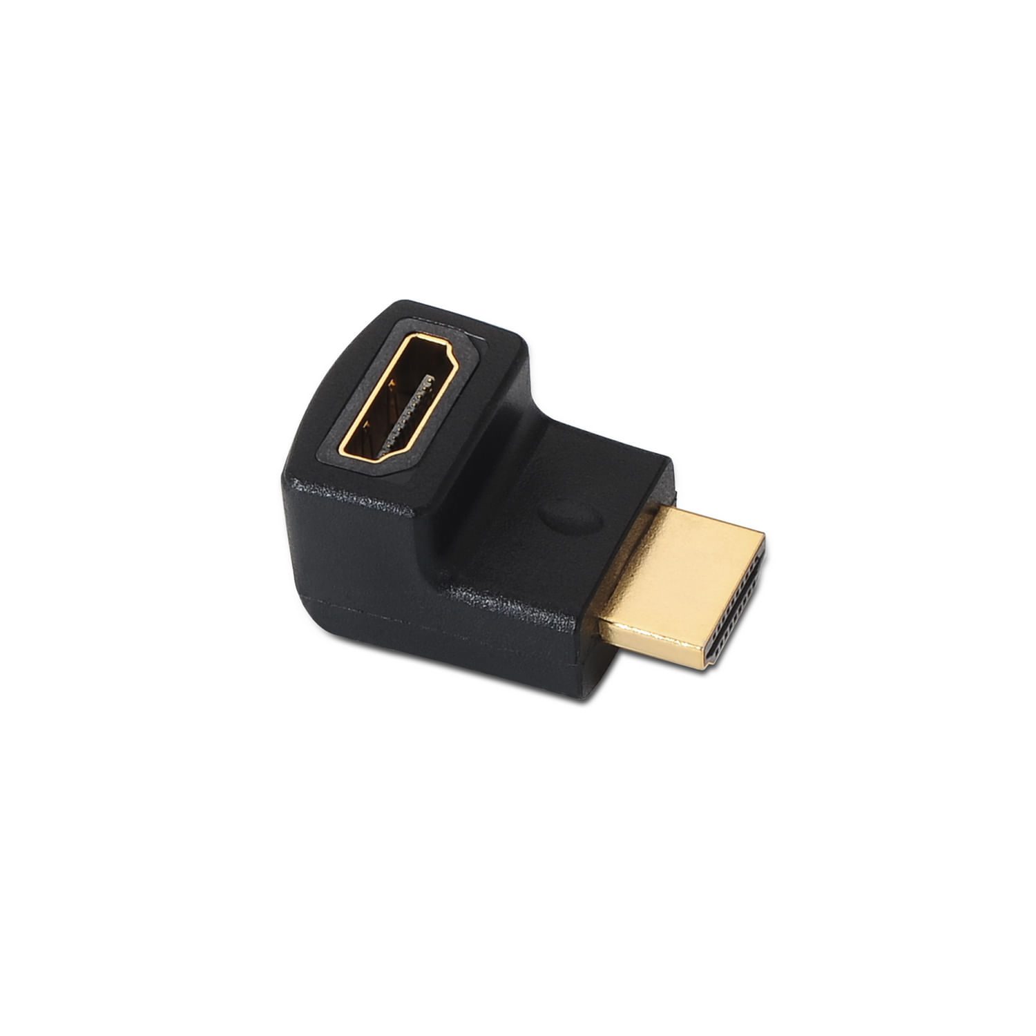 Un adattatore HDMI ad angolo retto nero con connettori placcati oro su sfondo bianco.