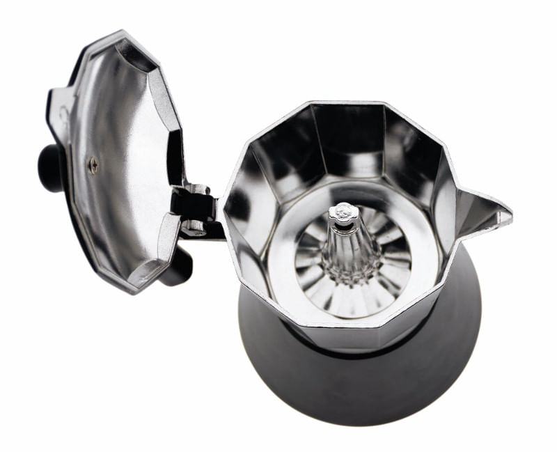 Moka aperta argentata con base nera, vista ravvicinata.